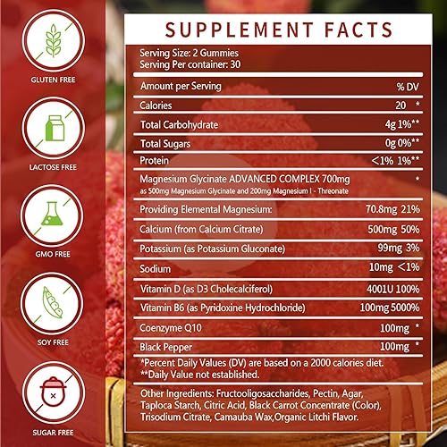 Miniatura 4 de Gomitas de glicinato de magnesio de 500 mg  Suplemento de magnesio sin azúcar con vitamina D, B6, CoQ10 para un estado de ánimo tranquilo y