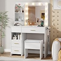 Otterease White Makeup Vanity Desk with LED Mirror Lights, Power Outlet, 5 Drawers, 3 Shelves & Storage Stool