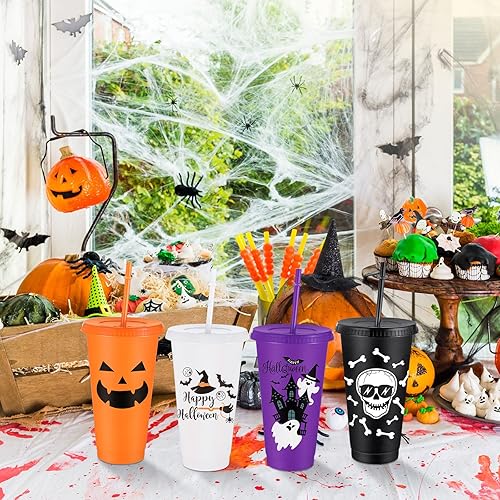 Miniatura 5 de Umigy 24 vasos de plástico de Halloween con tapas y pajitas, 4 estilos de calabaza, fantasma, cráneo, murciélago, vasos reutilizables para fiestas