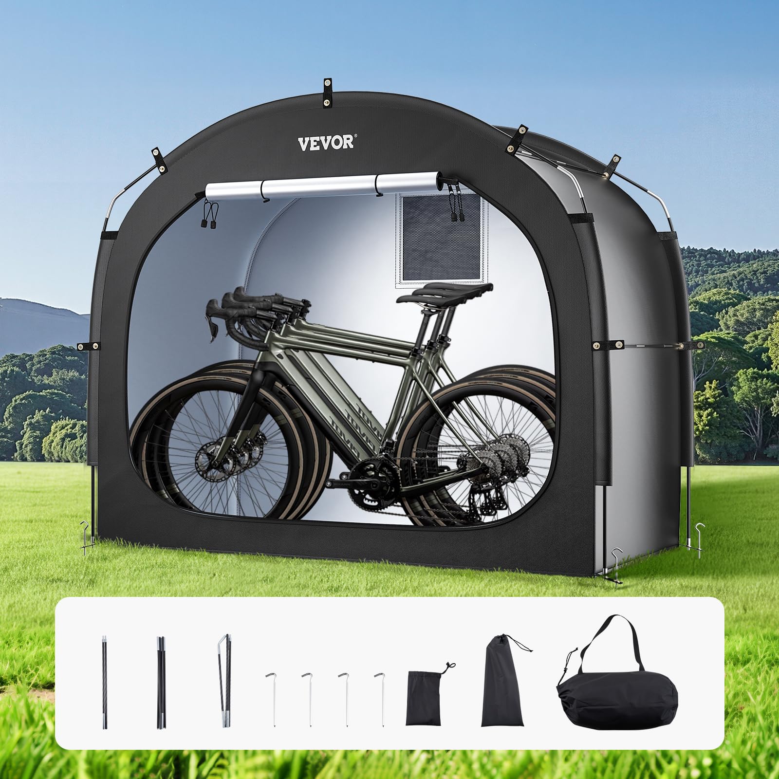 VEVOR Spaziosa Tenda per Riporre le Bici all'Aperto con Finestra Ventilata, Tenda Impermeabile Arco Superiore con Fibra di Vetro e Doppie Cerniere Nero da 3 a 4 Bici 2030 x 1220 x 1690 mm