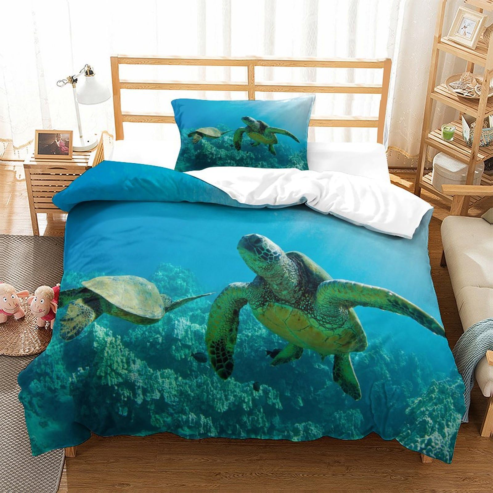 P1s9u7w5y Sea Turtle-2 3D Printed Ocean Turtle Duvet Cover Set 3Pcs Microfiber Underwater Animal Bedding Set Single（135X200cm）