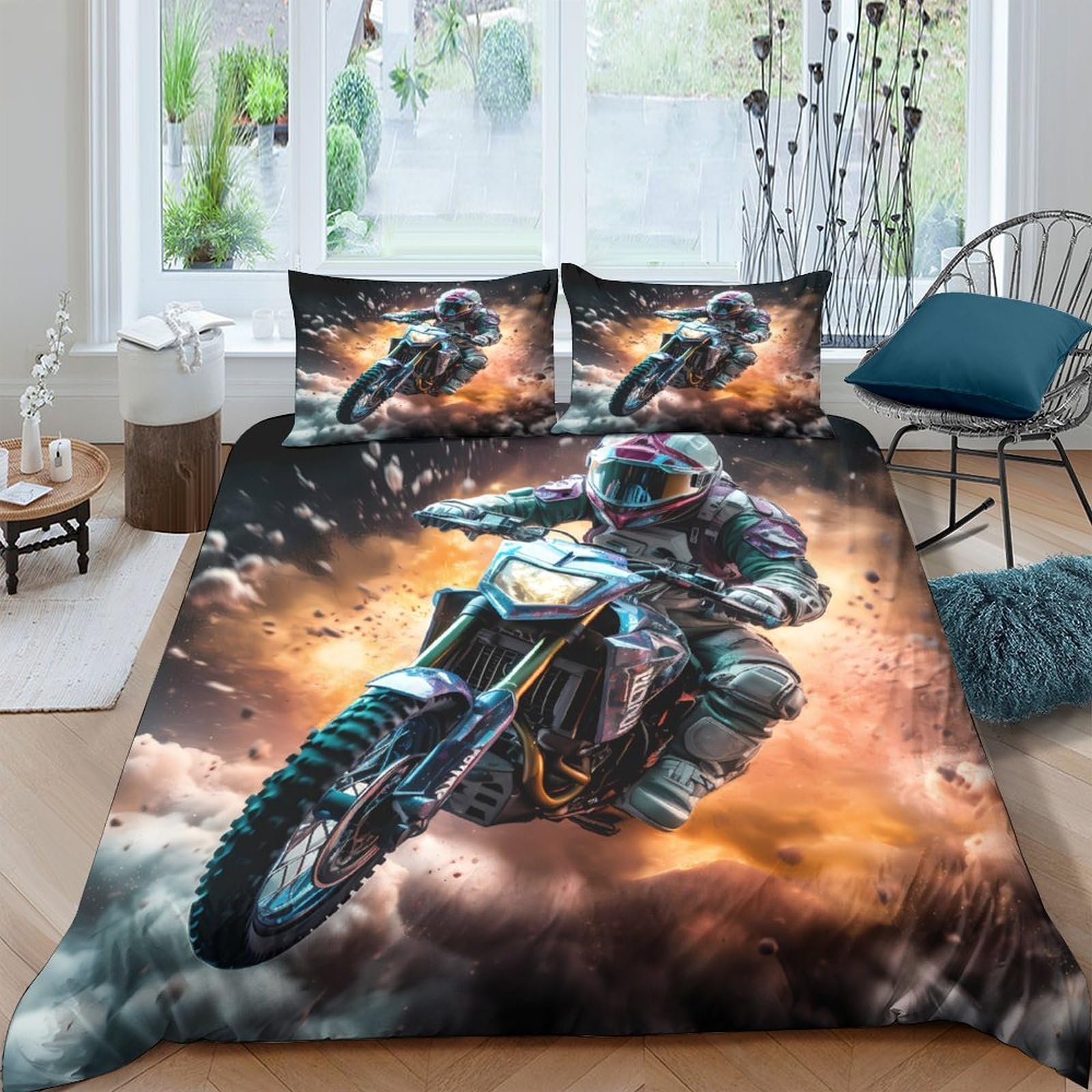 Ctjqhvkz Style-3 3D Printed Motocross Fire Fitted Sheet Microfiber Soft Breathable Extreme Racing Bed Cover For Bedroom Dorm Decor Single（135X200cm）