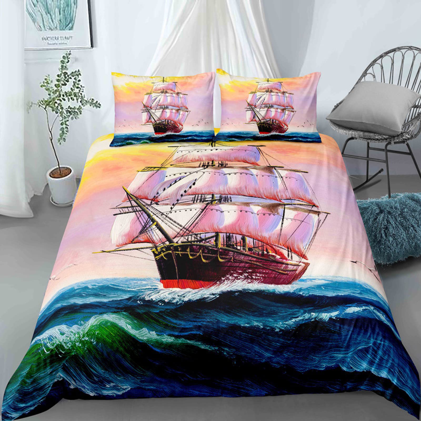 Housse de couette 140x200 bateau coloré en microfibre avec 2 taies d'oreiller pour enfant et ado