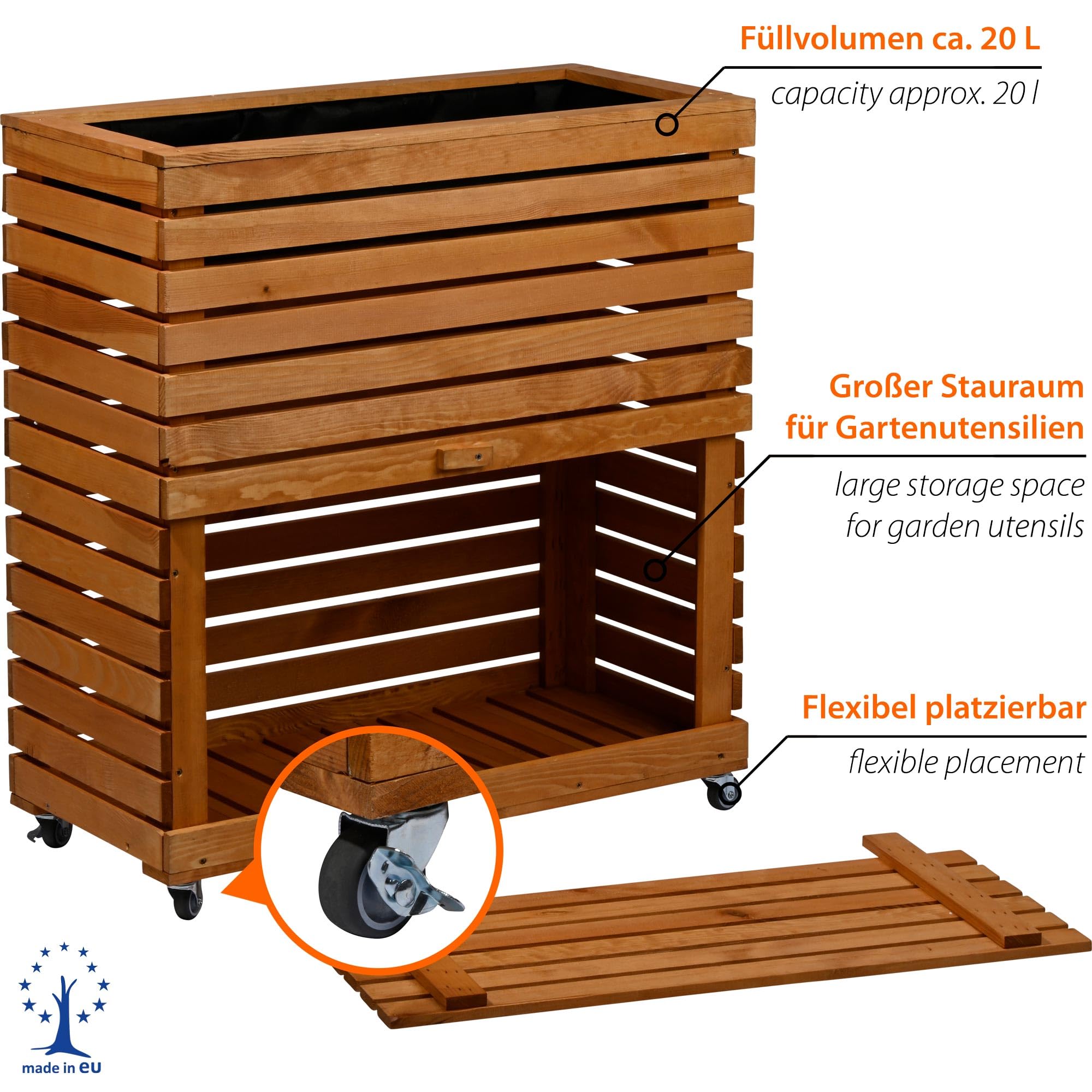 dobar® Großes Hochbeet Rolla aus Massivholz Gr. L mit Rollen - Erhöhtes Beet mit Staufach - 72 x 32,5 x 78 cm - Braun