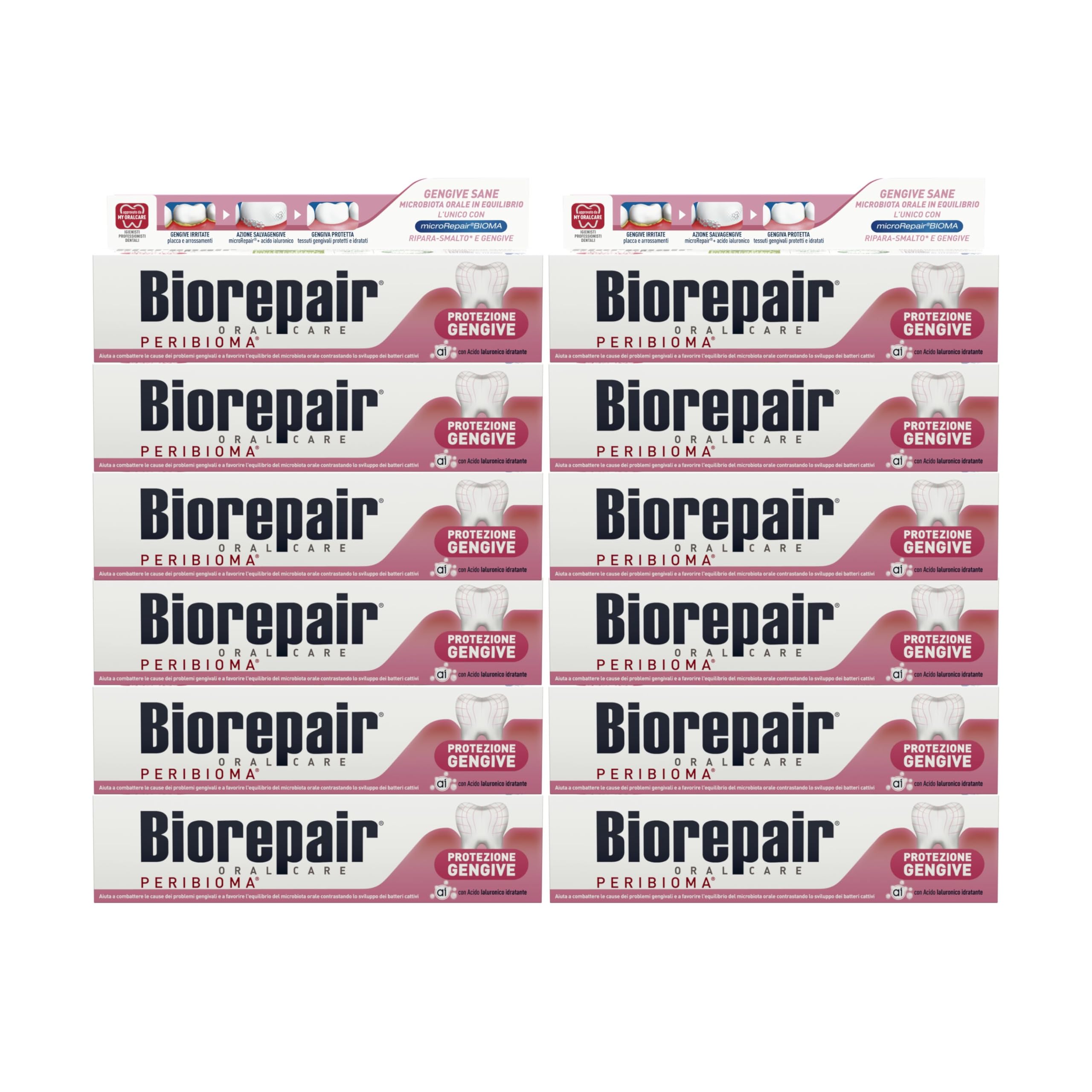 Biorepair, Dentifricio Protezione Gengive Peribioma, 12 Confezioni da 60 ml, Combatte e Previene Problemi Gengivali, con Probiotici, Acido Ialuronico Idratante, Senza Fluoro