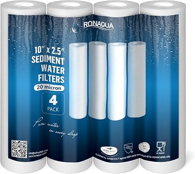 خرطوشة فلتر مياه رواسب Ronaqua 20 ميكرون 10 &times; 2.5"، شهادة NSF، ترشيح رباعي الطبقات لأي وحدات RO مقاس 10 بوصات وأنظمة منزلية كاملة، متوافقة مع Culligan P5، AP110، WHKF-GD05، 4 Pack