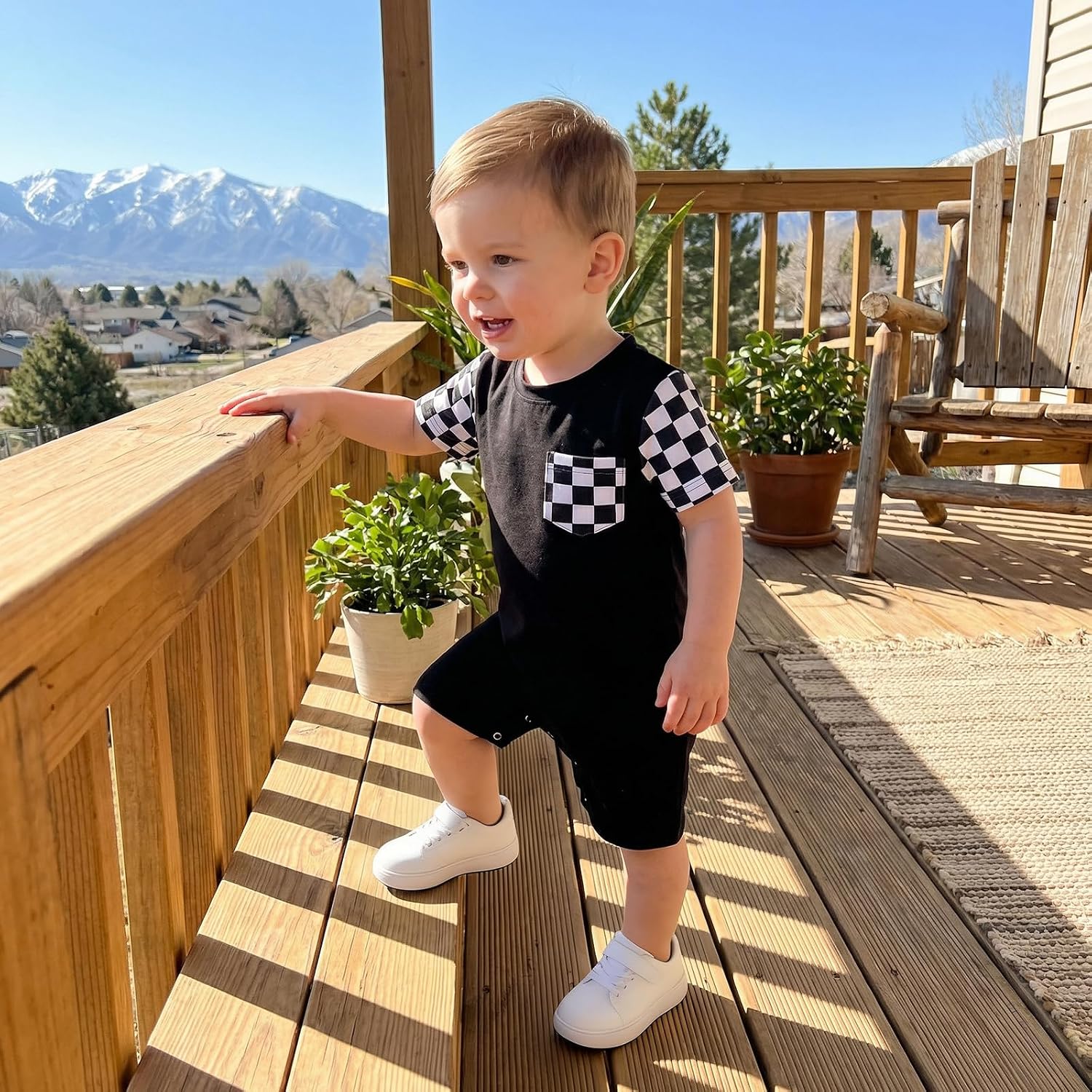 Newborn Baby Boy Summer Outfit Romper Short Sleeve Plaid Print Patchwork Jumpsuits Cute Infant Clothes