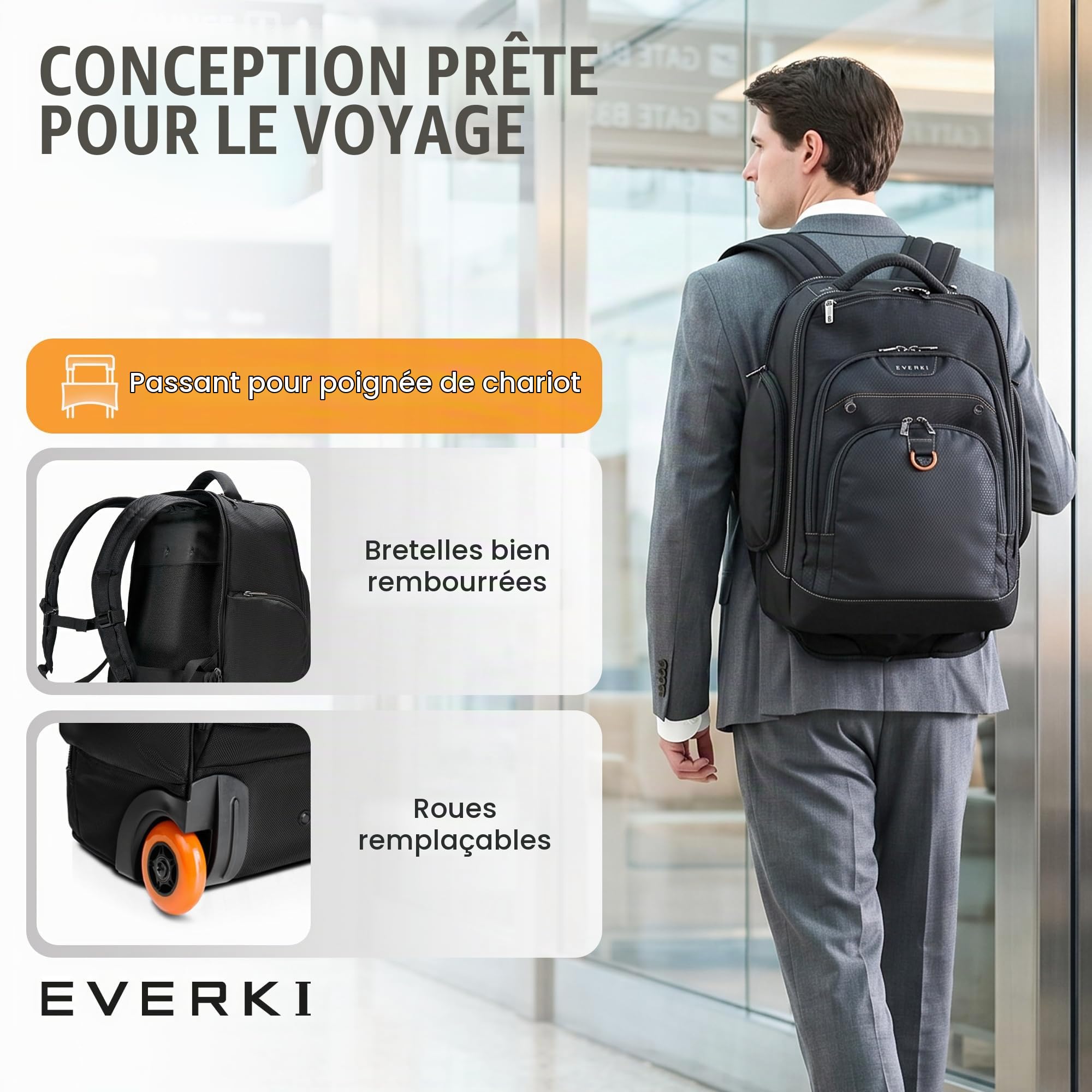 EVERKI Grand Sac à Dos à roulettes avec Compartiment réglable de 33 à 44 cm, EKP122B-ECO Atlas Wheeled 2, Noir, 43,2 cm