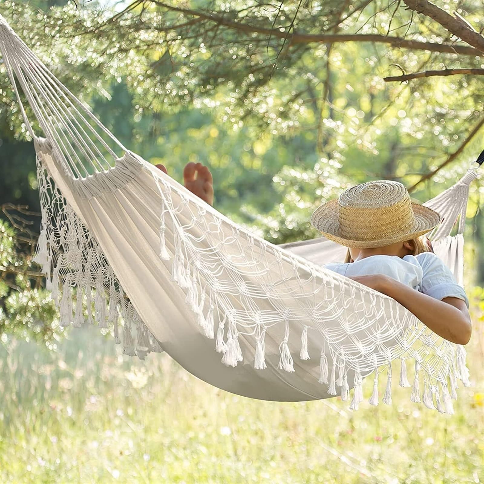 Hamak Ogrodowy Zewnątrz 150x200 Cm Ręcznie Robiony Boho Duży Brazylijski Makrama Fringe 1 Osoba Podwójny Hamak Deluxe Huśtawka Krzesło Siatkowe Kempingowy Przenośny