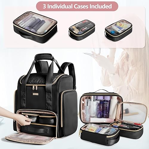 Miniatura 3 de Mochila grande de maquillaje con 3 bolsas de maquillaje transparentes, doble capa de maquillaje profesional estuche de viaje con cepillo sección de