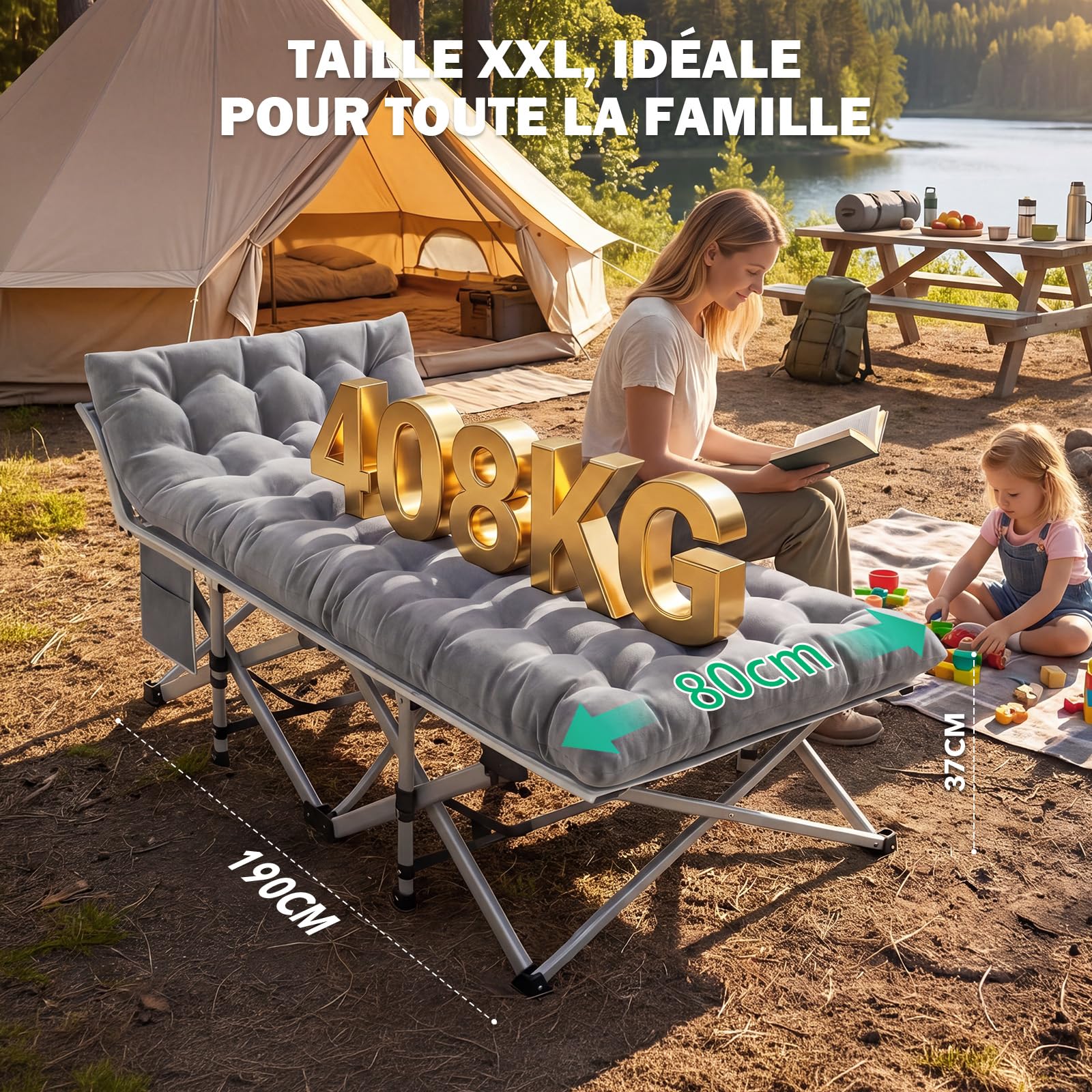 Lit de Camp Pliable Adultes avec Matelas XXL 190 x 80 x 37 cm - lit de Camping Pliant 2 Personnes - Charge Jusqu'à 308 kg - Lit d appoint 1 Personne pour Invités, Bureau ou Voyage