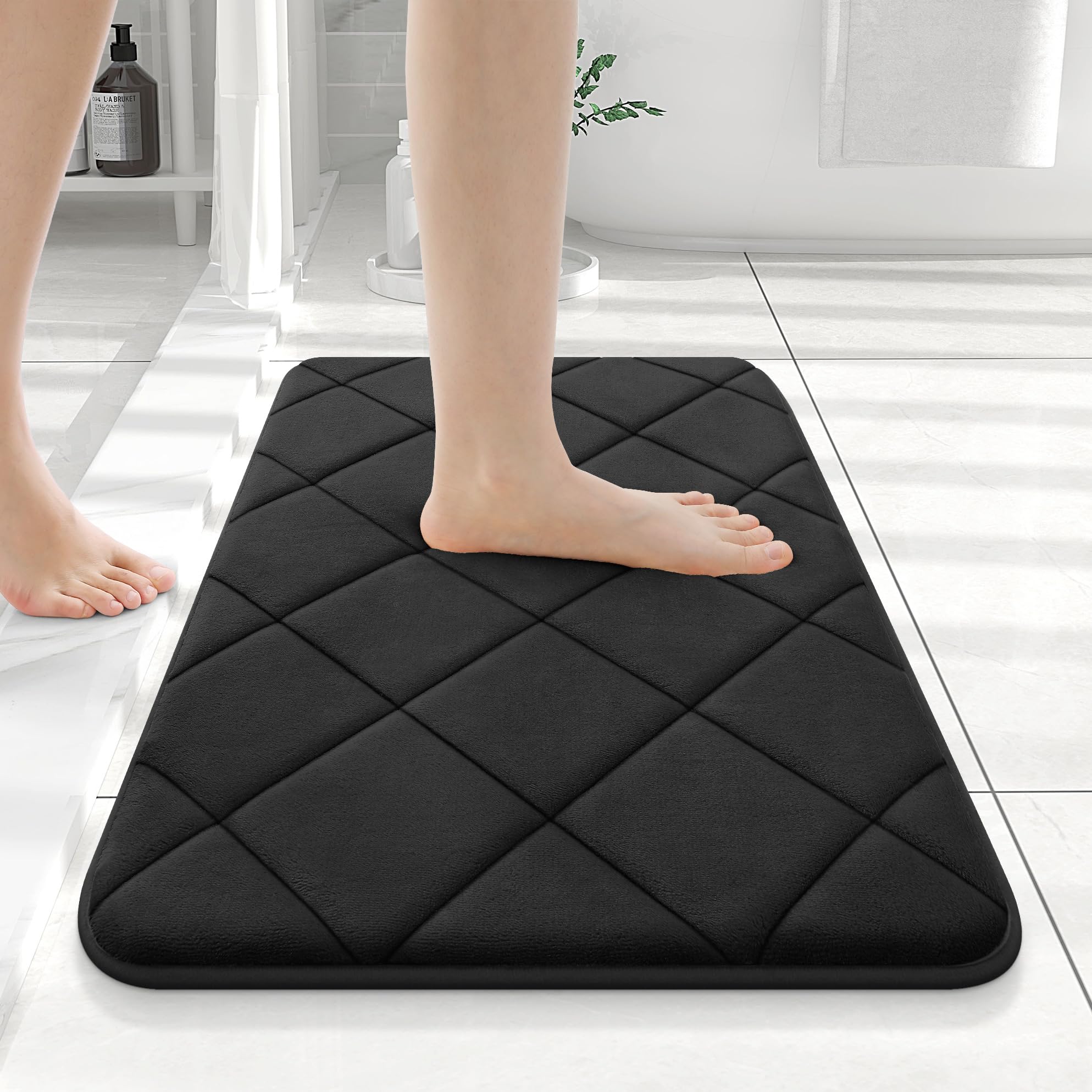 Memory Foam Bath Mat 24x16, Ultra Soft and Absorbent Bathroom Rugs, Machine Washable, Comfortable Bath Carpet for Bathroom Floor, Tub and Shower, Black