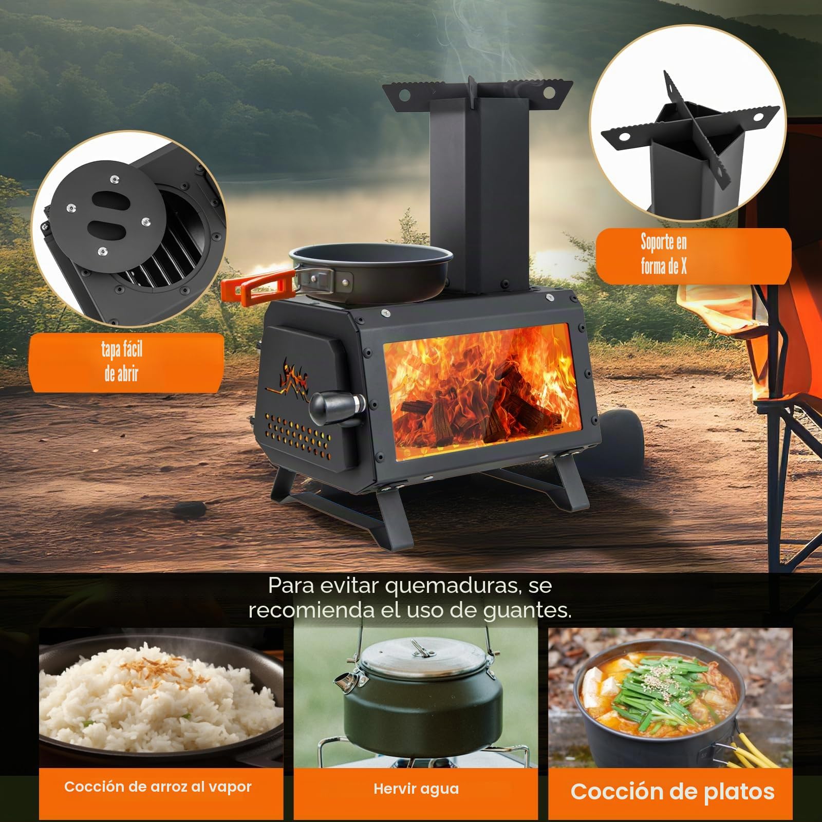 GYMAX Estufa de Leña, Estufa Portátil para Camping con 2 Posiciones de Cocción， 3 Ventilaciones de Aire, Ventana Visual Grande, para Cocinar y Calentar al Aire Libre