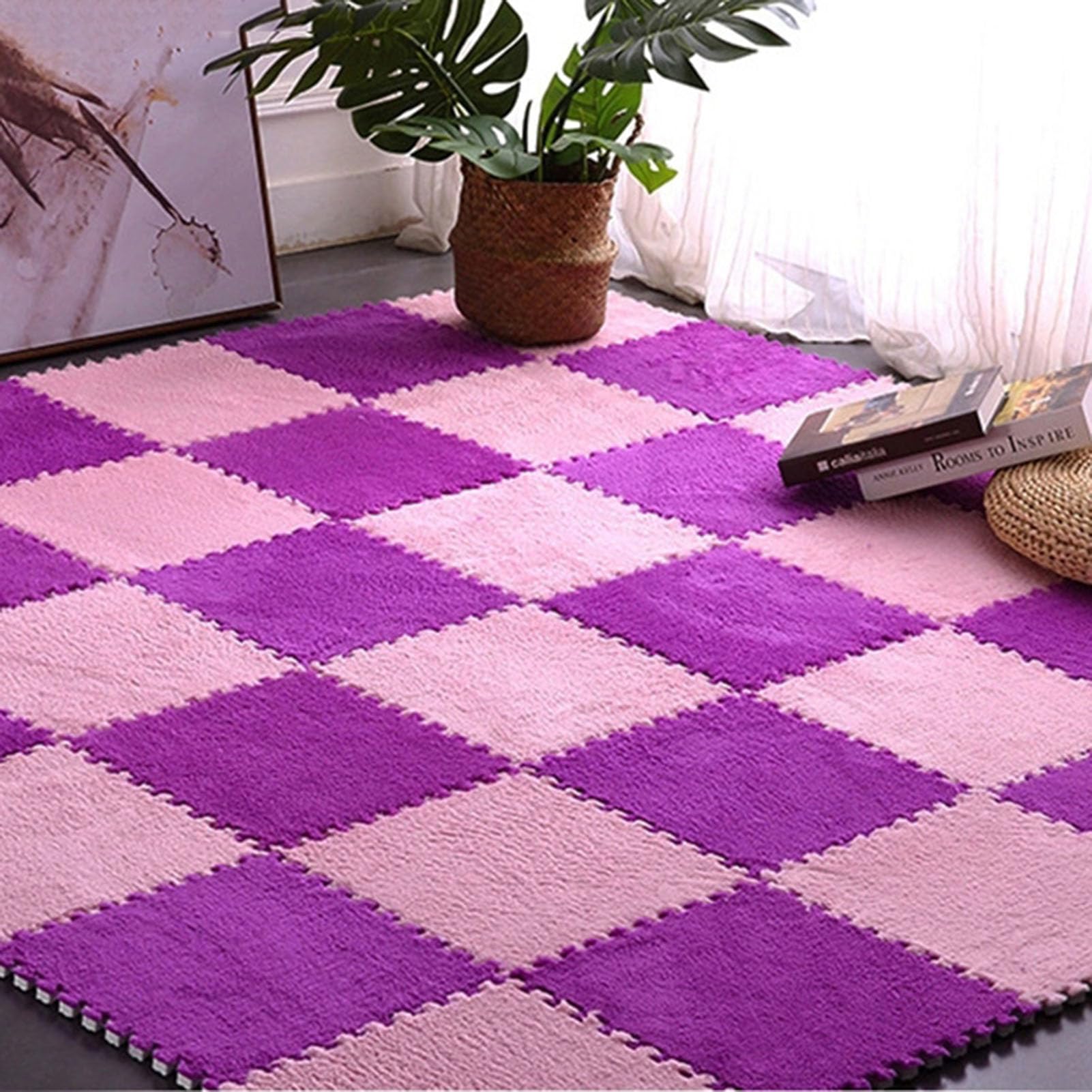 Tappeto ad Incastro Splice 50 Pezzi Tappeto ad Incastro in Schiuma Quadrato soffice e Morbido, Tappetini Puzzle in Peluche per la casa, Tappetino in Schiuma Facile da Ass,Pink+Purple