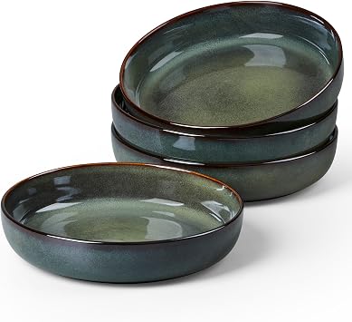 LIANYU 35oz Stoneware Pasta Bowls Set of 4, Large Salad Pasta Bowl for Kitchen, Wide and Shallow Ceramic Plate Bowls for Serving Soup Dinner, Microwave & Dishwasher Safe, Deep Green