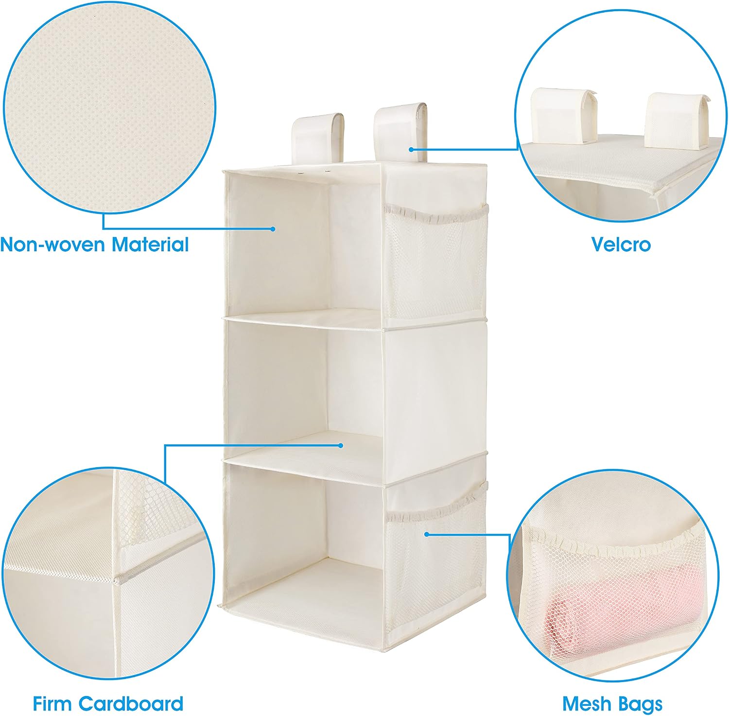MAX Houser 3 Shelf Hanging Closet Organizer with 2 Velcro, Beige | Foldable Hanging Shelves for Closet Collapsible hanging closet shelf with side storage pockets, multi-use for camper