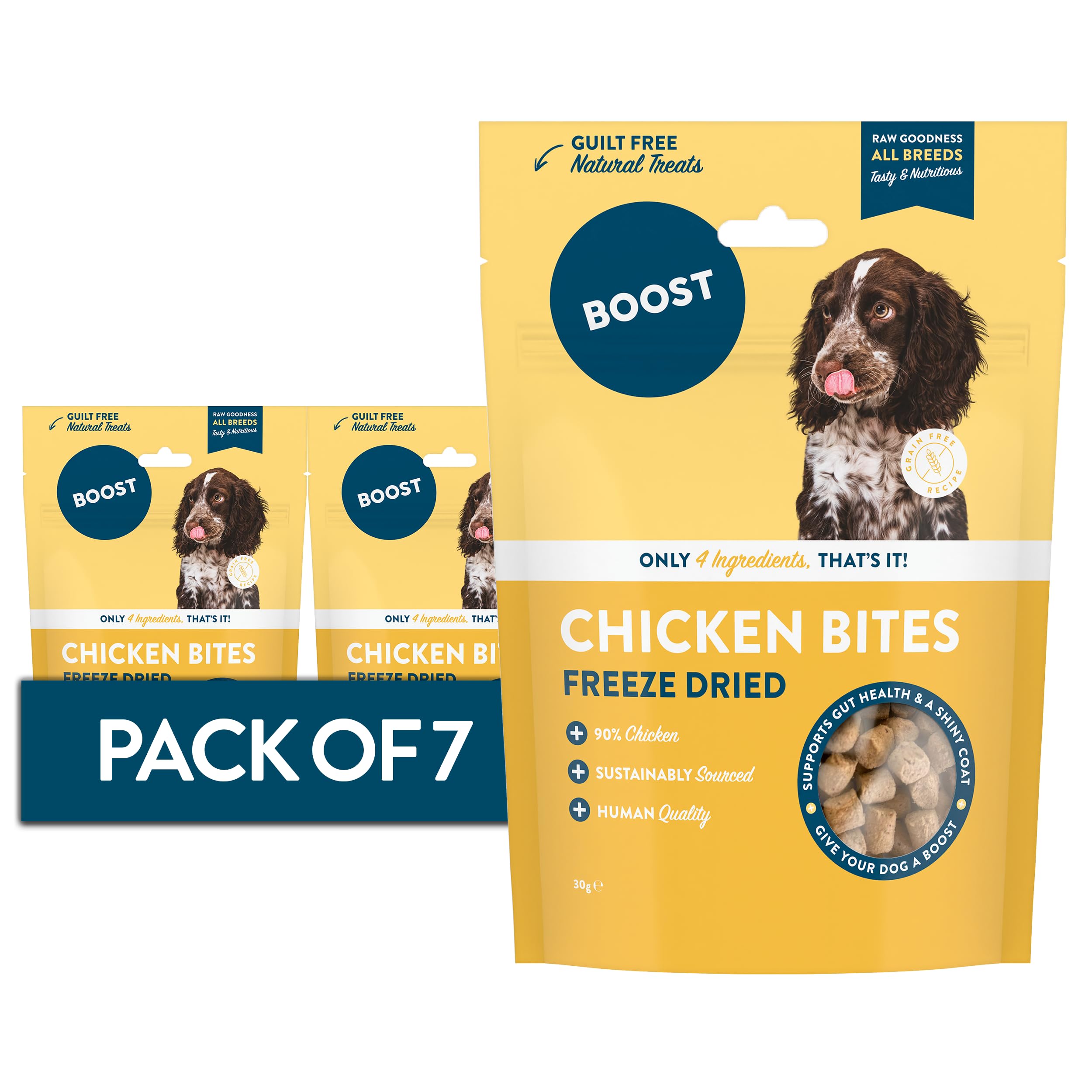 BOOST Pet Food Chicken Dog Treat - Freeze-Dried Grain-Free Treats for Dogs, Natural Snacks, 4 Ingredients, Made with Real Chicken, Nothing Artificial - 7 x 30g