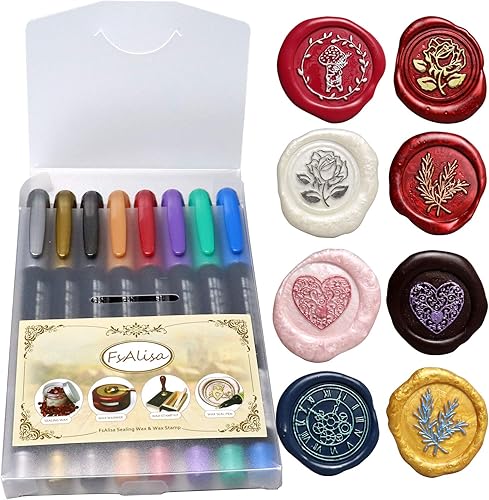 FsAlisa Kit de bolígrafo de sello de cera de 8 piezas de bolígrafo metálico para decorar sellado, sellos de invitaciones de boda