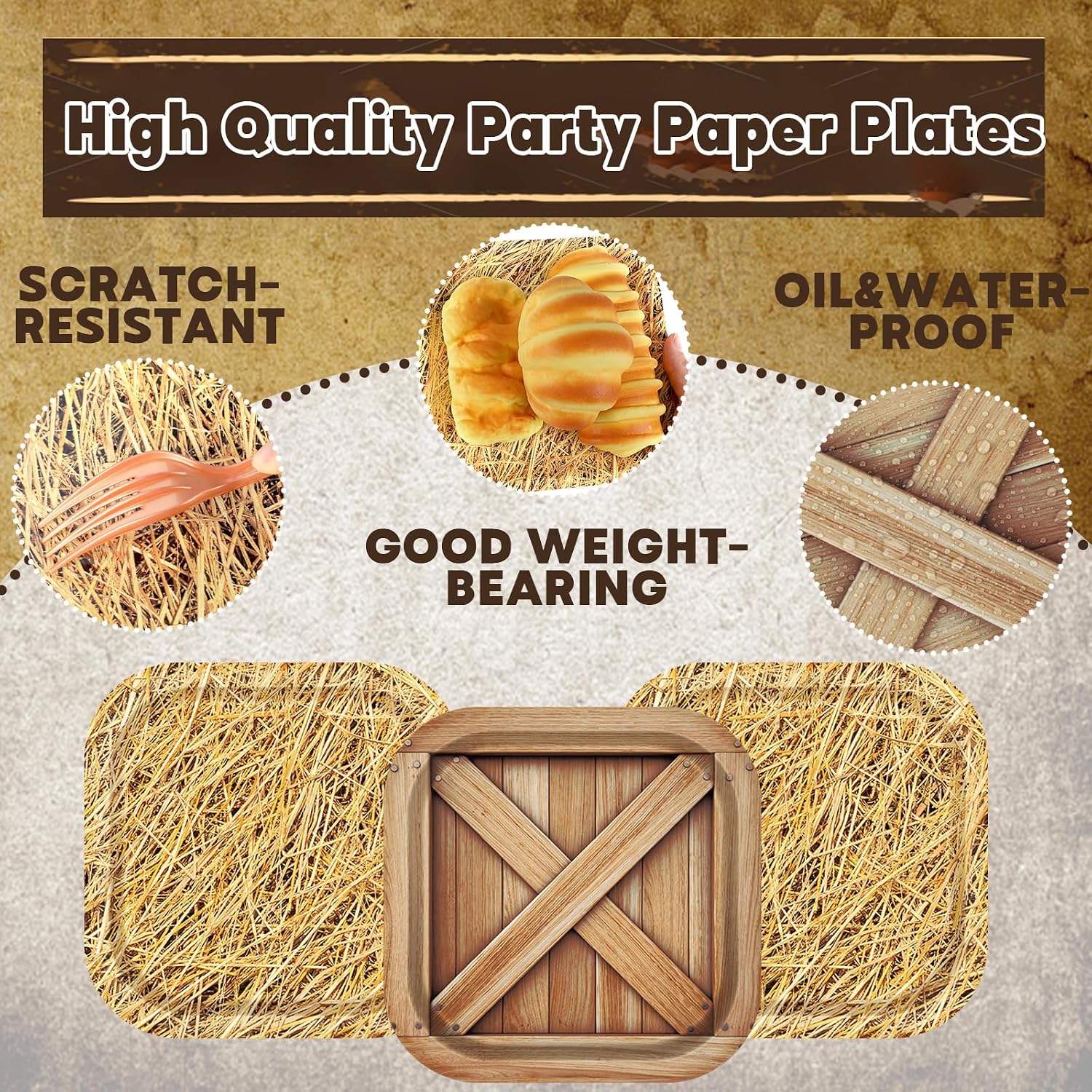 Naozinebi 50PCS Western Cowboy Plates Fall Autumn Theme Party Supplies 7 Inch Hay Print Square Tableware Wooden Grain Straw Disposable Dinnerware for Halloween Boys Birthday Baby Shower Decorations