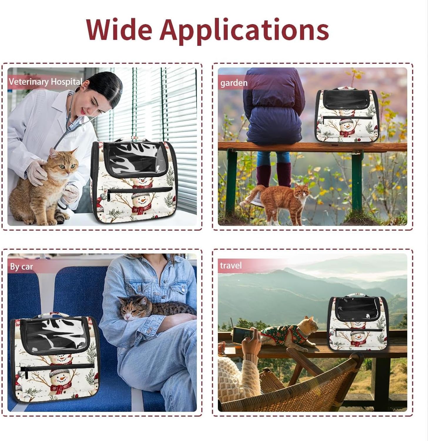 Merry Christmas Snowman Pet Carrier Airline Approved Soft Sided Portable Cozy Travel Pet Bag, Car Seat Safe Carrier for Cats and Dogs