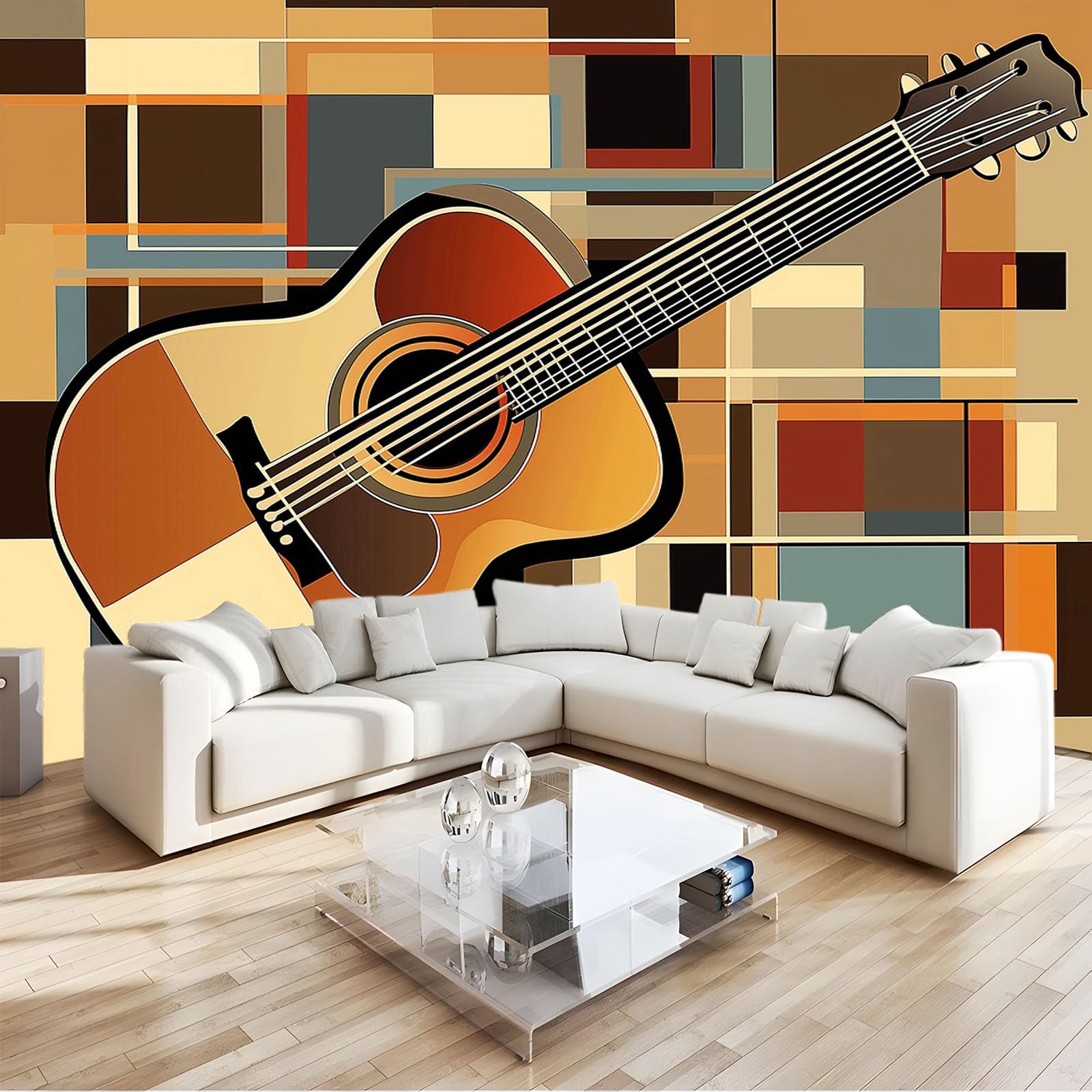 Papier peint panoramique 350x256 cm tapisserie murale guitare lignes géométriques