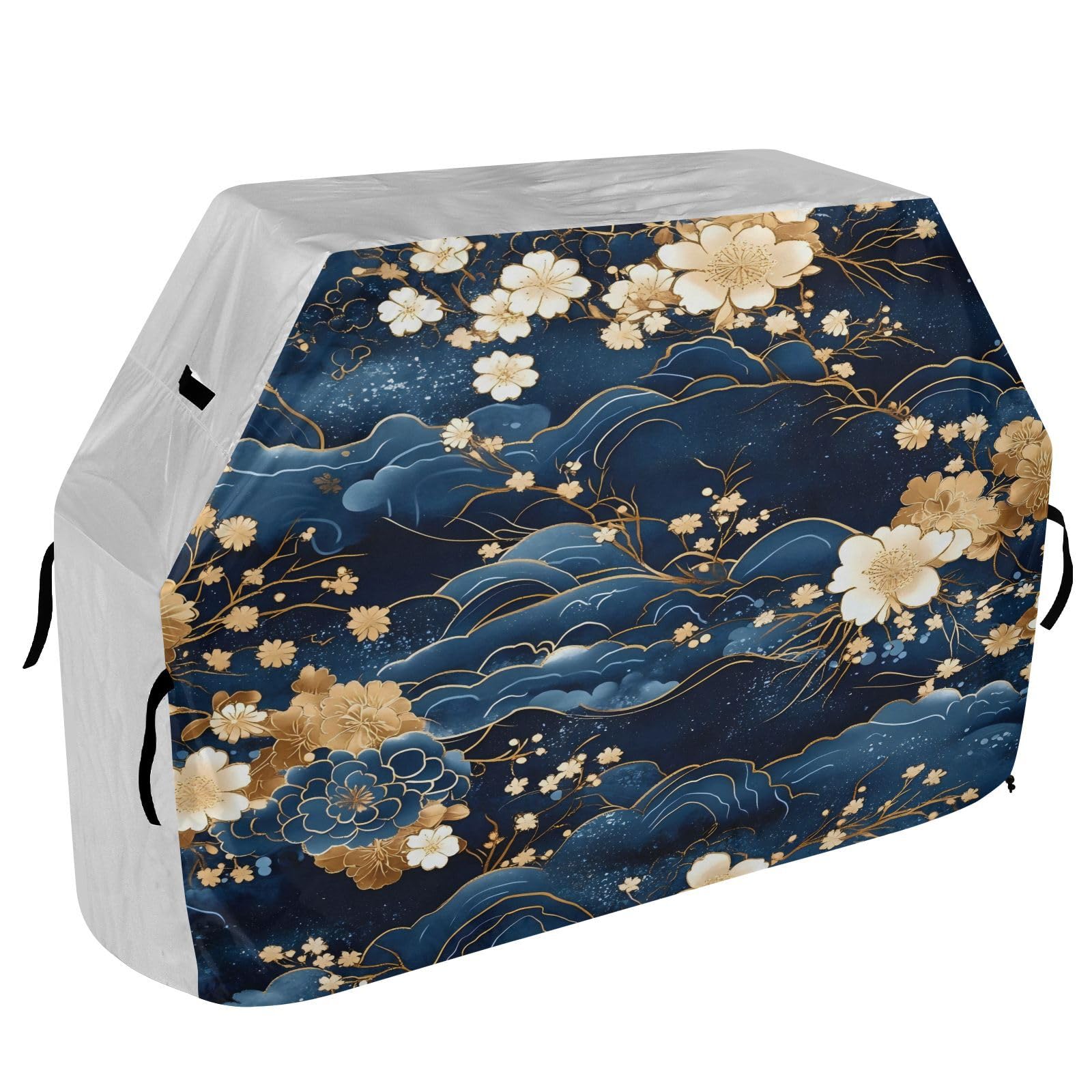 Coperture per barbecue a gas da 165 cm, resistenti e impermeabili, per barbecue all'aperto e griglie a gas, blu e oro, con fiori romantici retrò