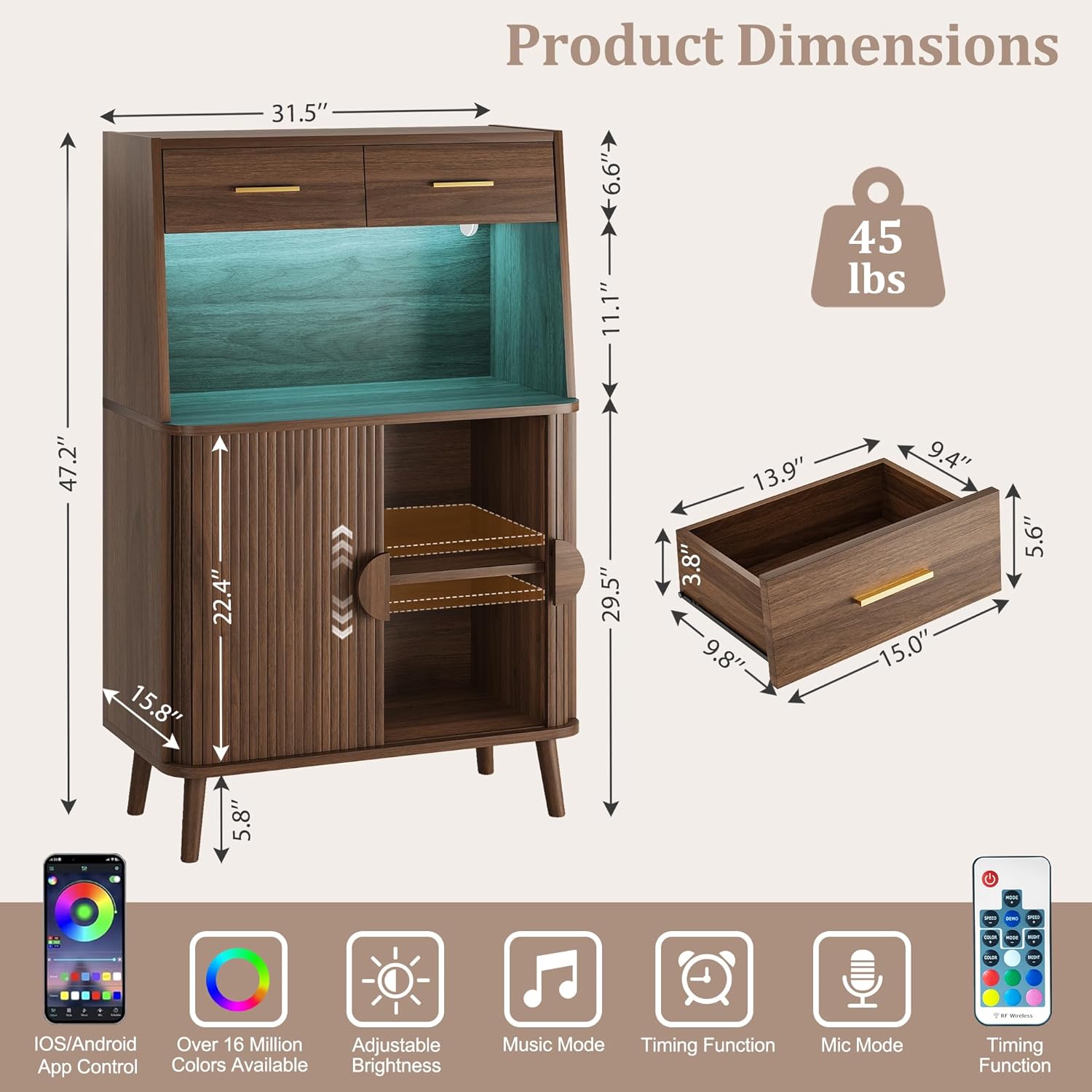 47.2" Sideboard Buffet Cabinet with LED Light & Sliding Door, Modern Storage Cabinet with Adjustable Shelf &2 Drawers, Coffee Bar for Kitchen, Entryway (Light Walnut)