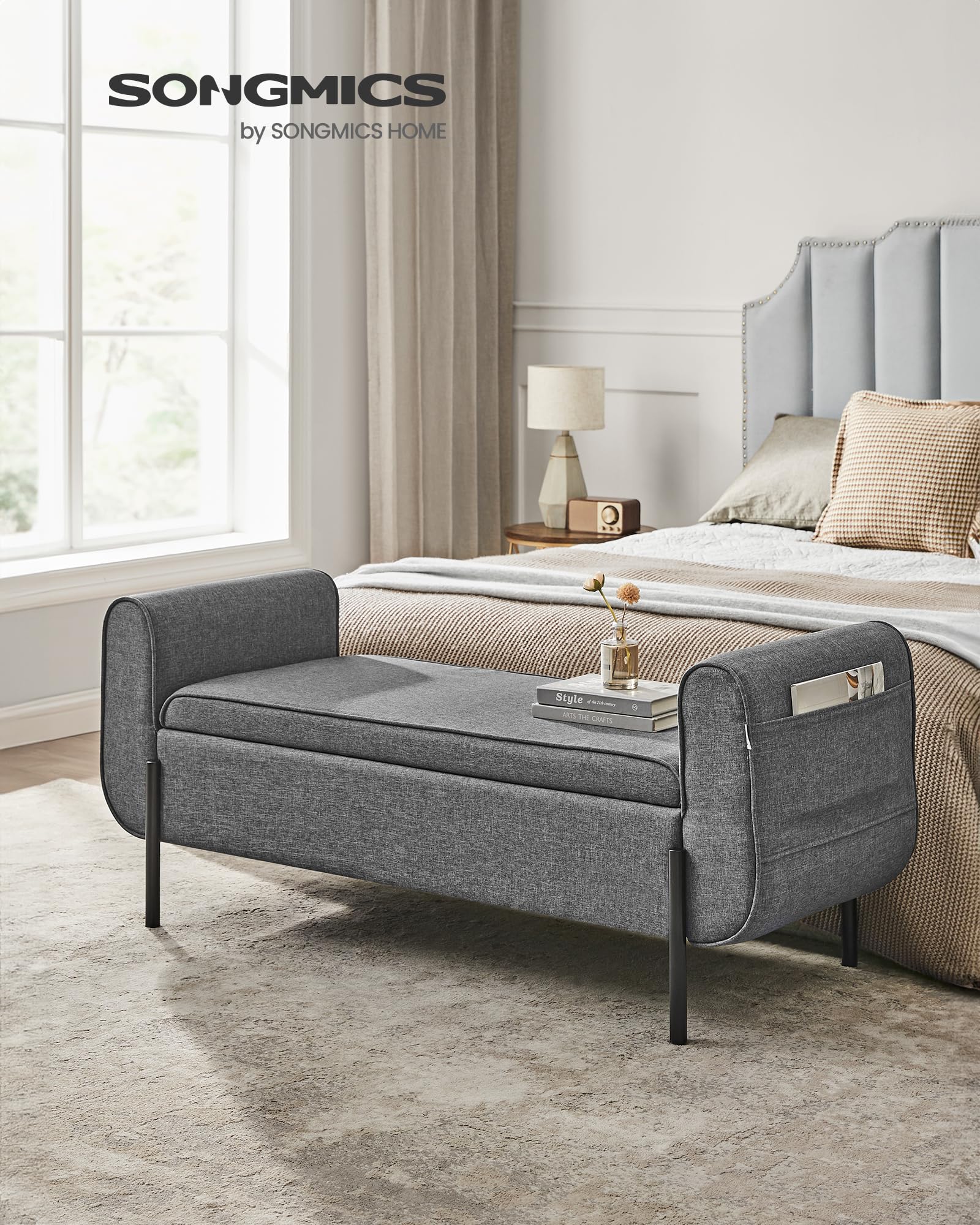 SONGMICS Storage Bench with Armrests, Ottoman with Storage for Living Room, Storage Ottoman Bench for Bedroom, Entryway, Living Room, Steel Legs, Slate Gray ULOM072G01