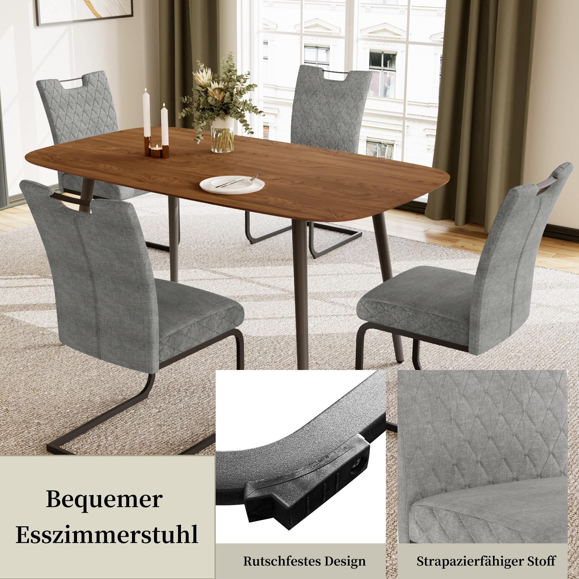 JIEXI Schwingstuhl Esszimmer 4er Set – Freischwinger Polsterstuhl mit extra dickem Sitzkissen, Stoffbezug Grau & gesteppter Rückenlehne, Metallkufen stabil, bis 113 kg (Hellgrau 4 Stühle)