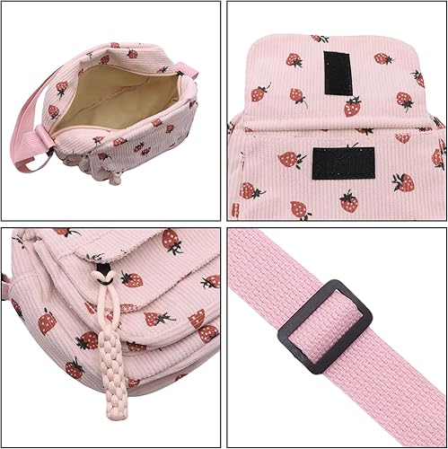 Miniatura 24 de Bolso cruzado de pana de fresa para mujeres y niñas, bonito bolso de mano con diseño de fresa, bolso de mensajero pequeño, bolso de hombro