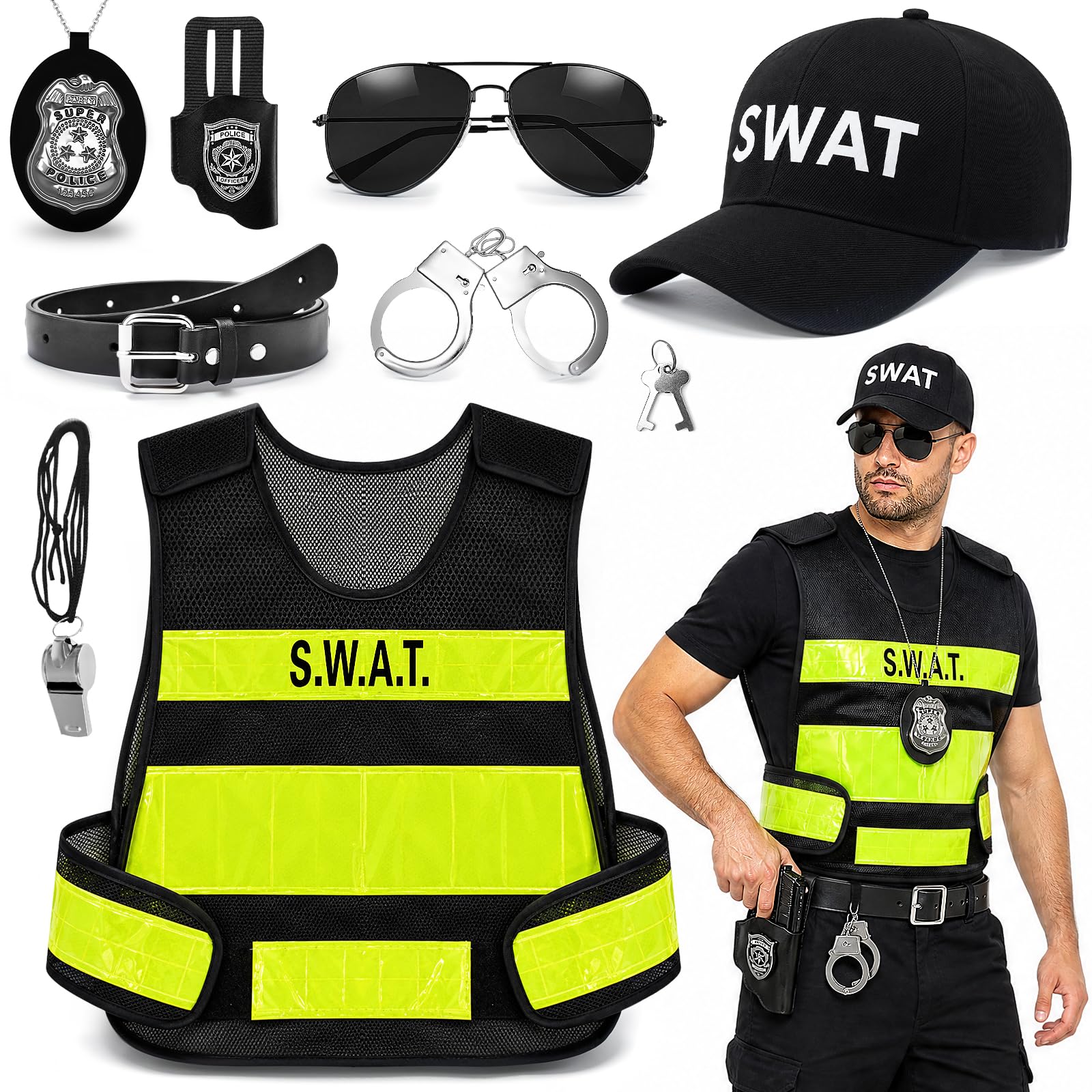 Kyndara 9Pcs Swat Police Officer Costume Set for Men, Police Fancy Dress Kit with Reflective Vest Hat Sunglasses Whistle Belt Holster Badge Handcuffs Keys for Halloween Themed Party Cosplay