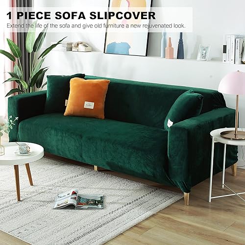 Miniatura 2 de Funda elástica para sofá, funda de terciopelo suave con funda de almohada, protector de muebles para mascotas y niños (M, verde oscuro)