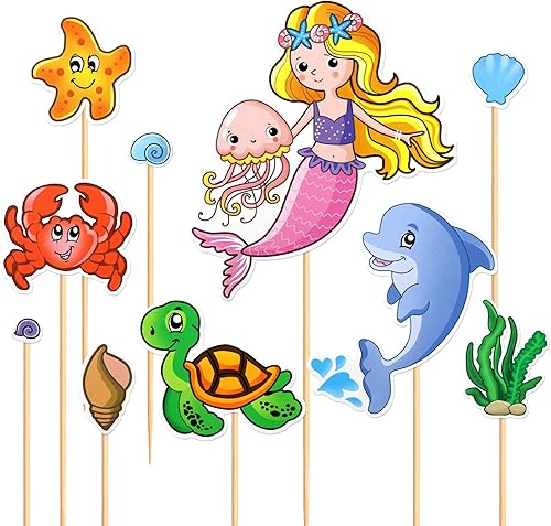 Miniatura 8 de Ercadio 9 piezas de decoración para tartas con temática de sirena, con purpurina, para cumpleaños, para tartas, algas marinas, cola de sirena,