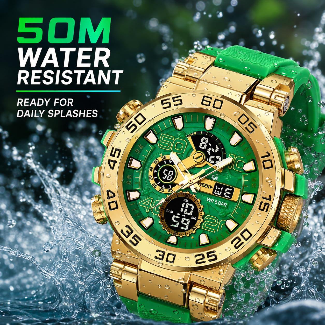 MASTOP Relojes coloridos para hombre, para deportes al aire libre, 55 mm, cara grande, camuflaje, 50 m, impermeable, militar, reloj de pulsera táctico, fecha, multifunción, alarma LED, resistente para