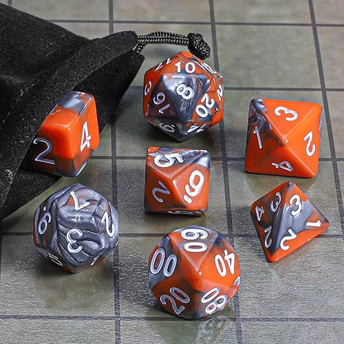 Vista 111 de CiaraQ DND - Juego de dados poliédricos con una bolsa de dados negra para juegos de mesa de rol D&D RPG MTG Rojo mezclado con naranja + purpurina