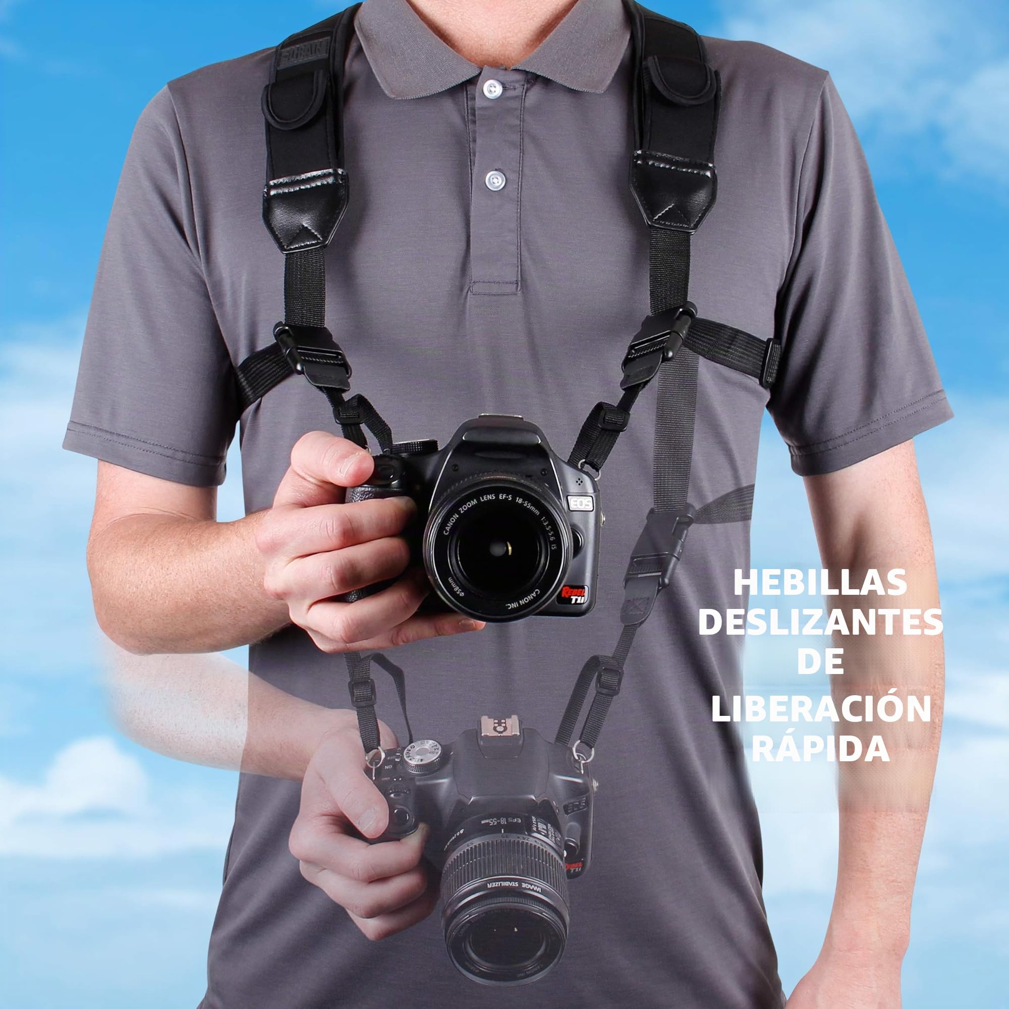 USA Gear Arnés para el pecho con correa de cámara DSLR con hebillas de liberación rápida, diseño de neopreno y bolsillos para accesorios - Compatible con cámaras Canon, Nikon, Sony y más