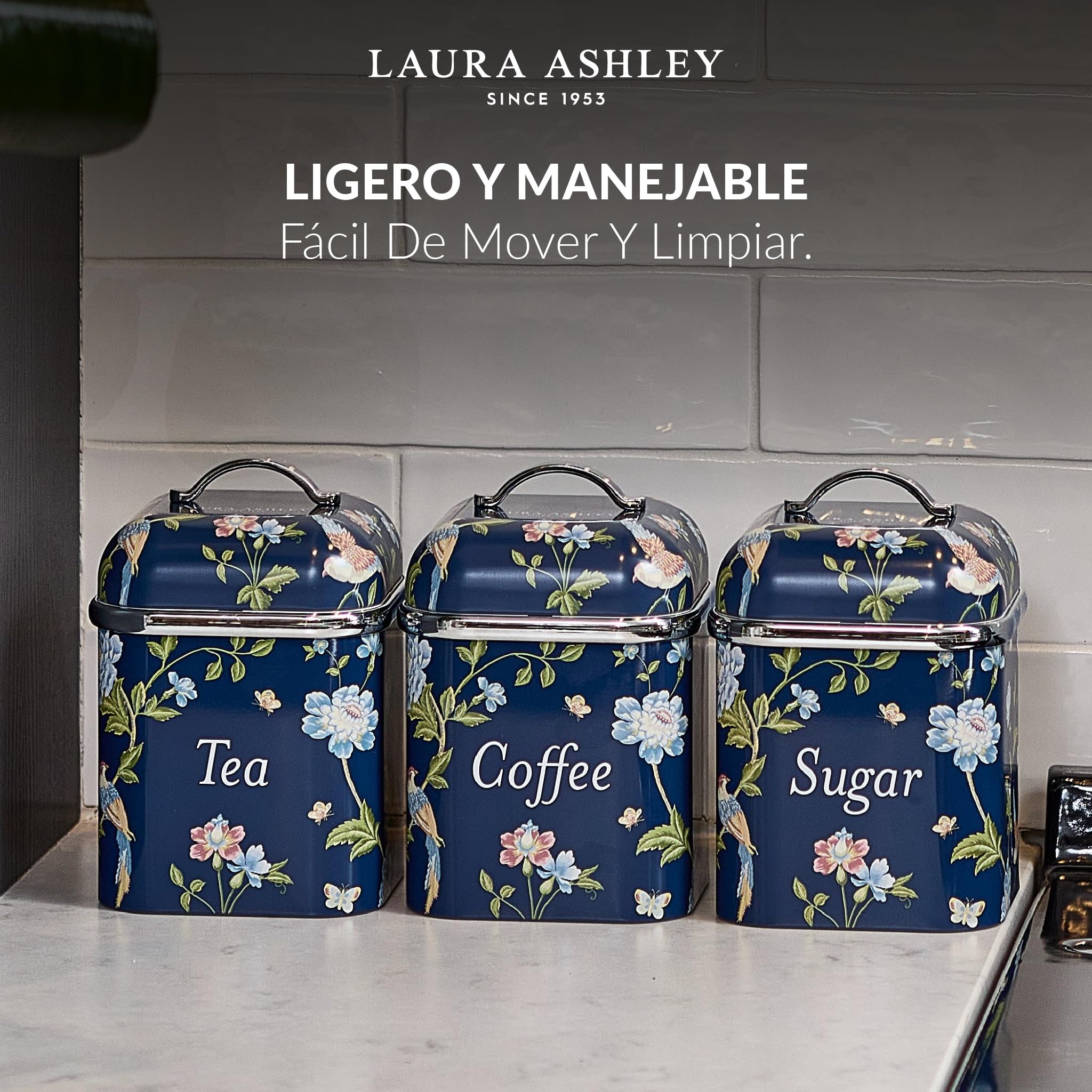 VQ Laura Ashley Elveden Navy Set 3 Botes Cocina Almacenaje Té Café y Azúcar