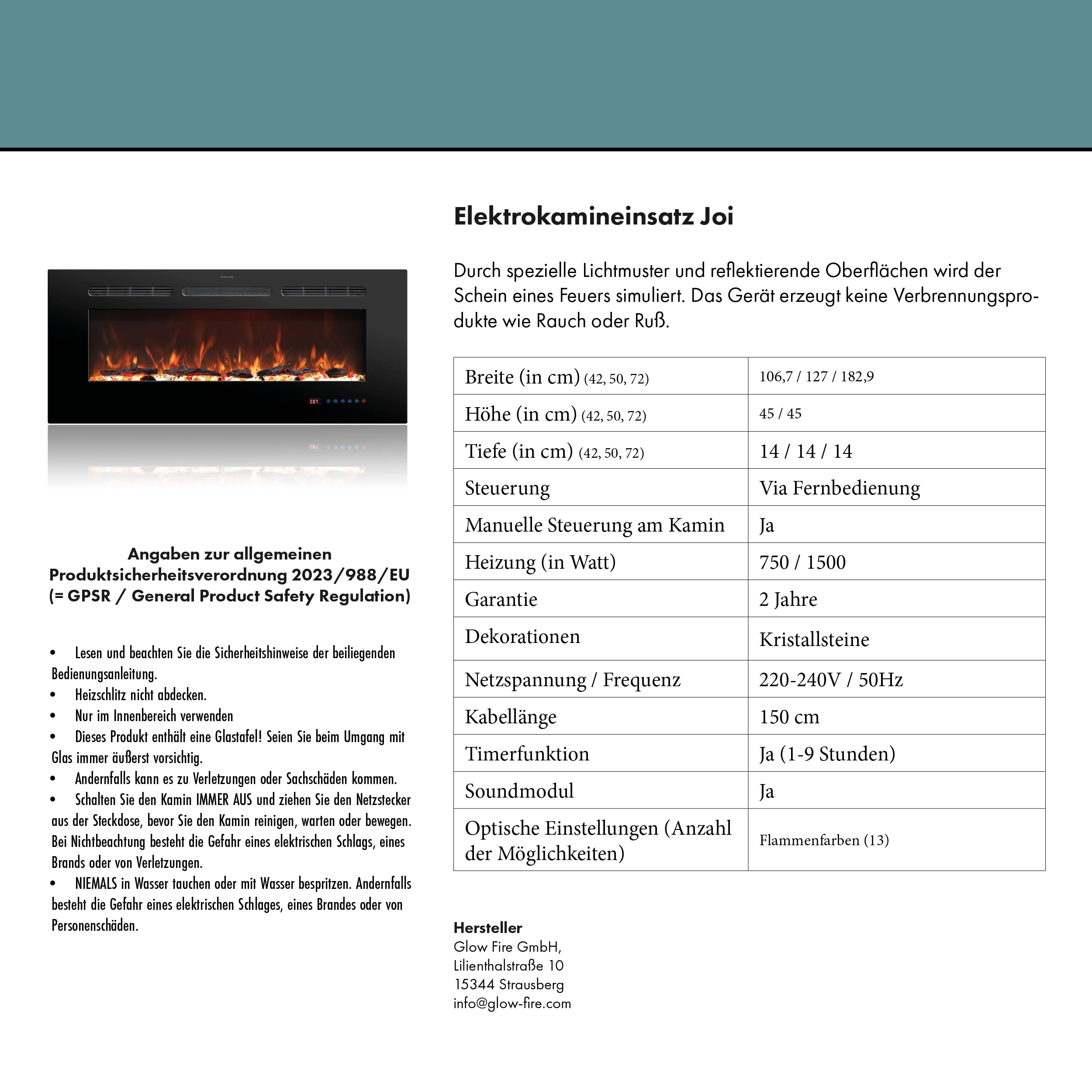 Kominek elektryczny JOI 42 (kominek do zabudowy) – kominek elektryczny z ogrzewaniem, wielokolorowe diody LED – wkład kominkowy do montażu w ścianie, 1500 W, 106,7 x 45 x 14 cm, czarny
