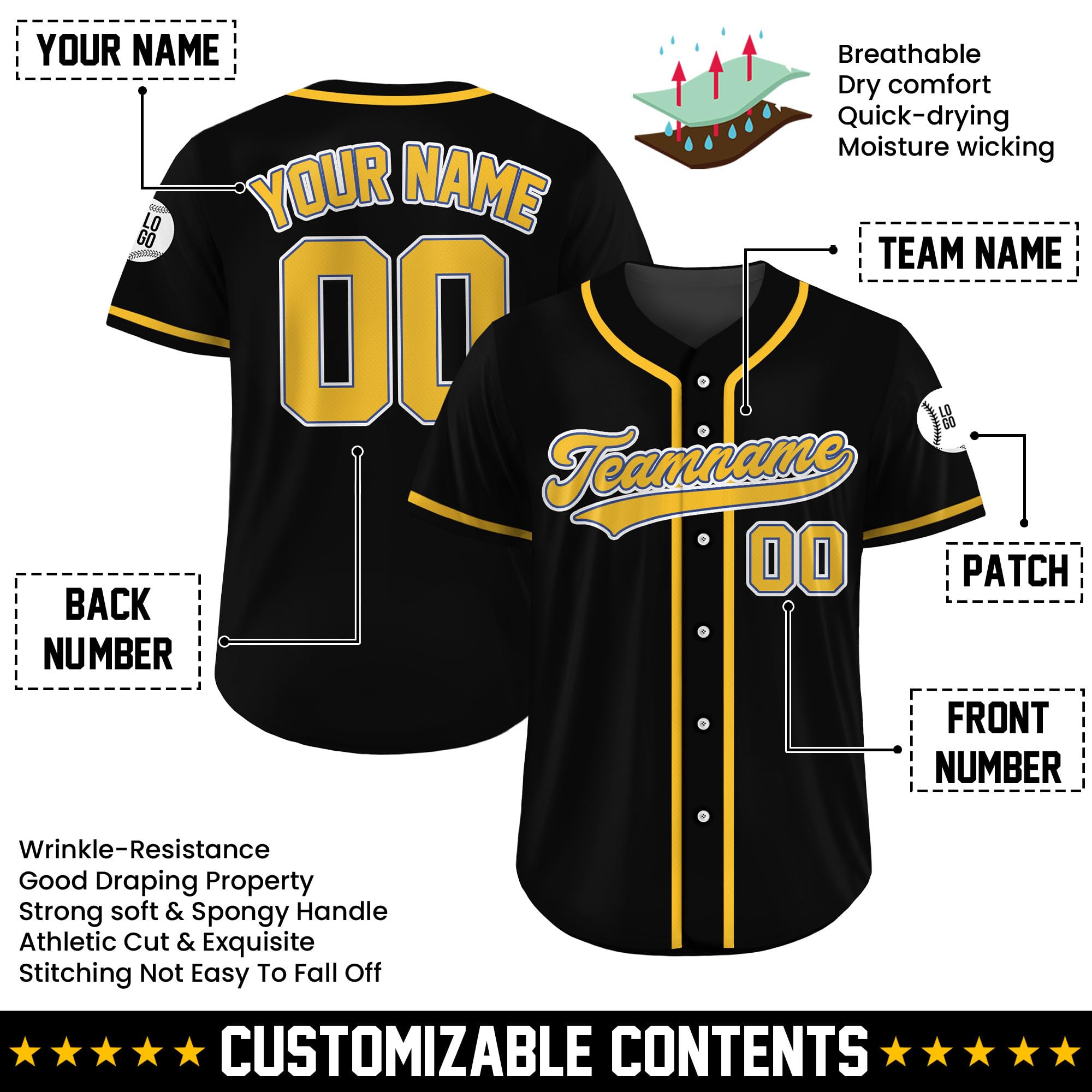 Custom Baseball Jersey – Personalized Name, Number & Logo, Sports Uniform Black Yellow Baseball Jersey for Men, Women, Youth, Toddlers