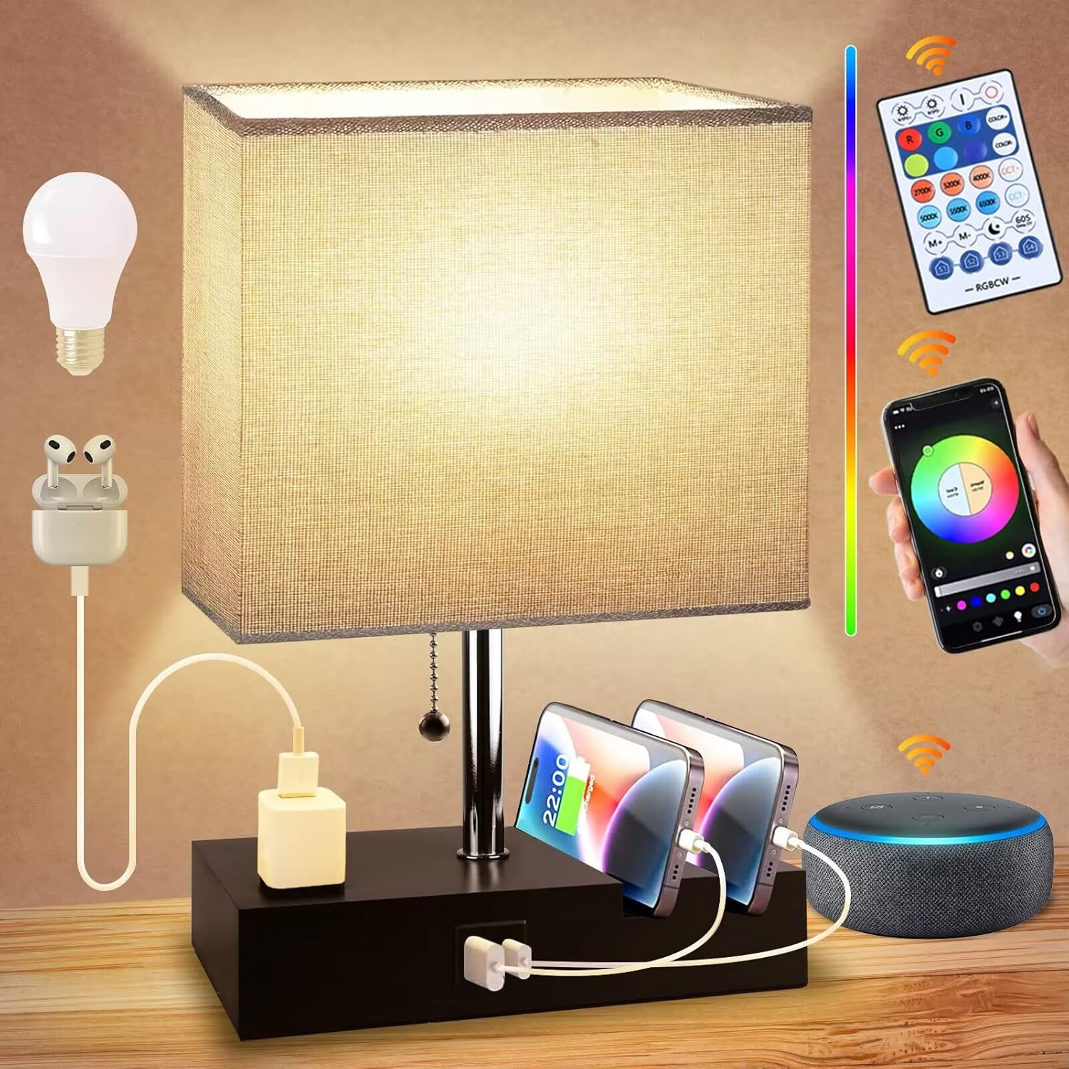 Smart RGB Dimmable Table Lamp Work with Alexa&APP&Remote Control, Bedside Desk Lamp with Charging Ports&Outlet&Phone Stand, Music Sync Nightstand Lamp for Bedroom Living Room Office Dorm,Bulb Included Smart RGB Dimmable Table Lamp Work with Alexa&APP&Remote Control, Bedside Desk Lamp with Charging Ports&Outlet&Phone Stand, Music Sync Nightstand Lamp for Bedroom Living Room Office Dorm,Bulb Included