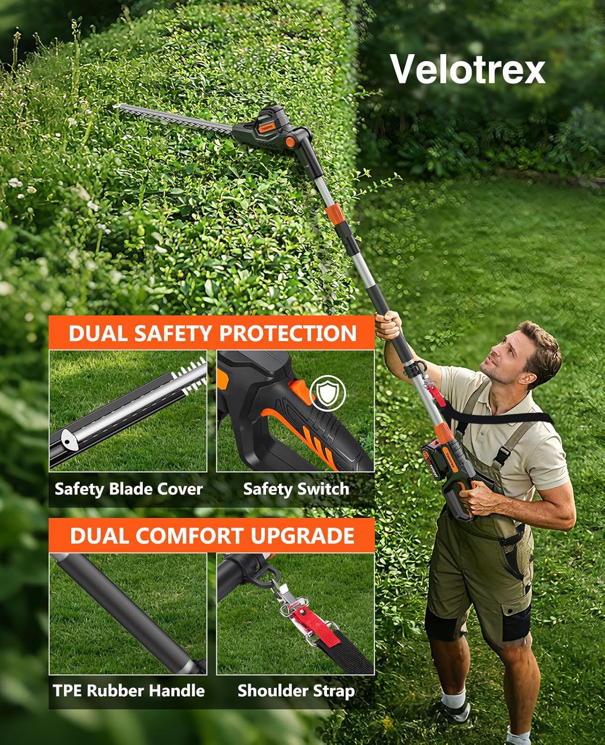 Pole Hedge Trimmer Cordless with 2 x 2000mah Batteries, 13.5 Ft Reach Electric Bush Trimmer for Yard and Garden, Hedge Trimmer with Extension Pole of 8.8 Ft for Shrubs and Branches Pruning