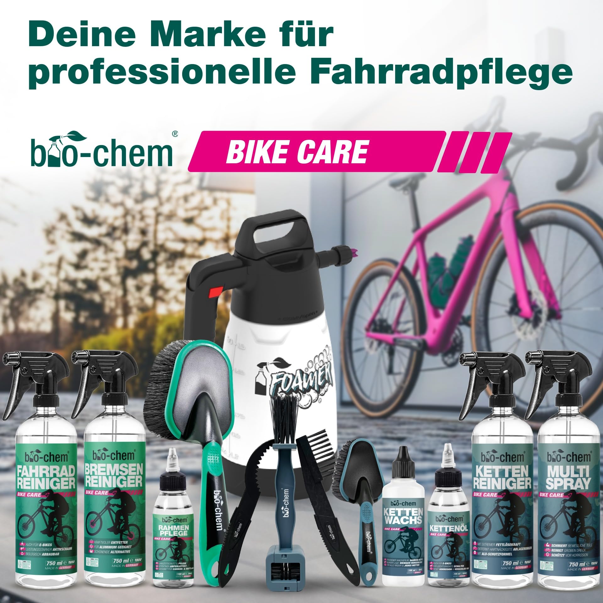 bio-chem Kettenwachs System Set 7-teilig für Fahrräder | Mit Kettenreiniger 1L, Kettenwachs 100ml, Shaker, Bürsten & Tuch für Rennrad, MTB & E-Bike