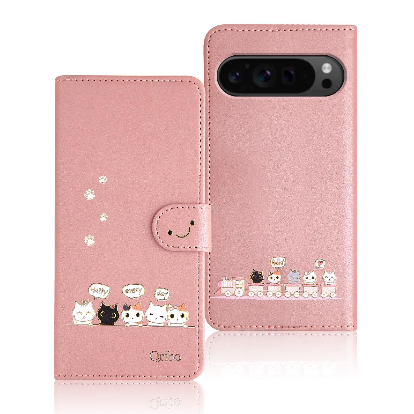 Qribo 適用の Google Pixel 10 ケース 手帳型 ぐーくるぴくせる10pro 手帳ケース シンプルなのに可愛いデザイン エンボス加工猫柄 うれしい気持ち 6.3インチ対応 グーグルピクセル9/9pro ケース ピクセル10 カバー Google Pixel 10 Pro スマホケース 薄型 防水 の耐久性 滑り防止 美しい 贈り物 友達 - ピンク