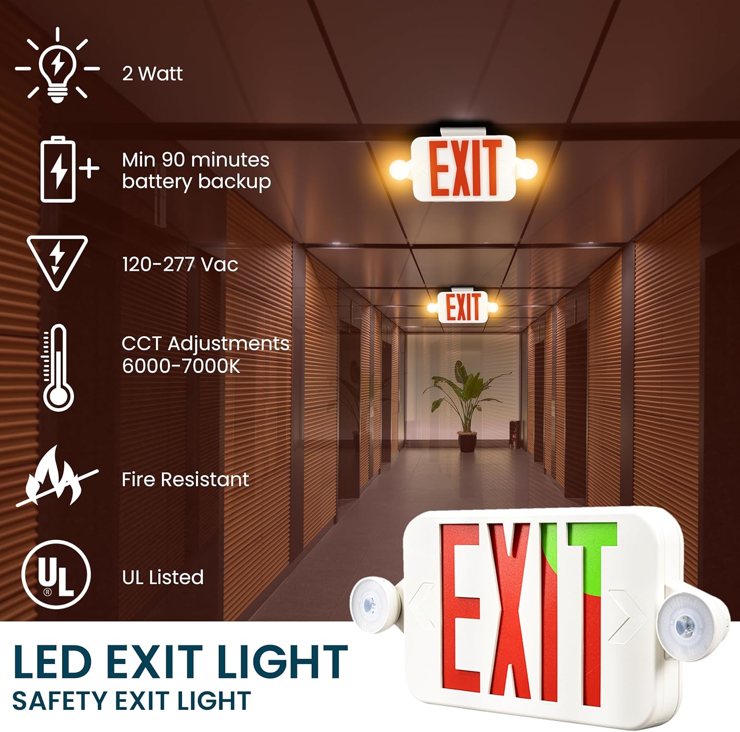 2-Pack Switchable Red/Green LED Exit Sign with Emergency Lights, UL Listed, Battery Backup for Business