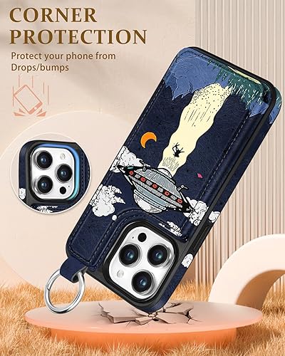 Miniatura 4 de Shorogyt Funda tipo cartera para iPhone 14 Pro Max con tarjetero y soporte para tarjetas, diseño de ovnis alienígena con función atrás, cierre