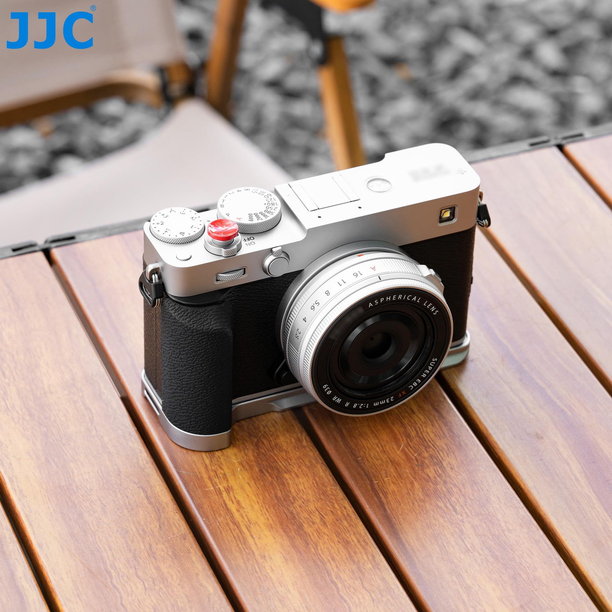 JJC Metalowy uchwyt i przycisk Shutton kompatybilny z Fujifilm X-E5, srebrny