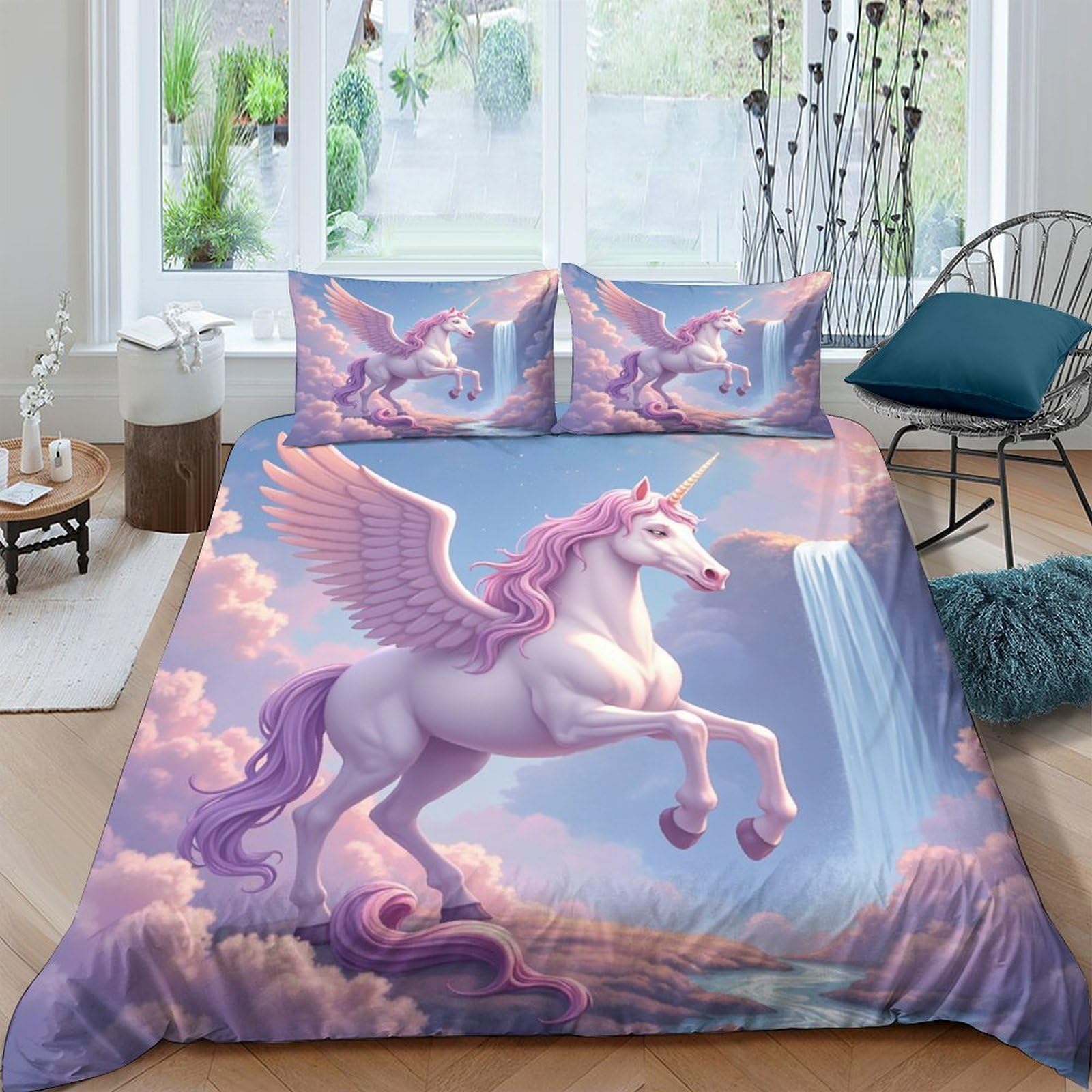Ctjqhvkz Style-7 3D Printed Pink Unicorn Fantasy Fitted Sheet Microfiber Soft Anti-Slip Blue Sky Mattress Cover For Bedroom Guestroom Decor Single（135X200cm）
