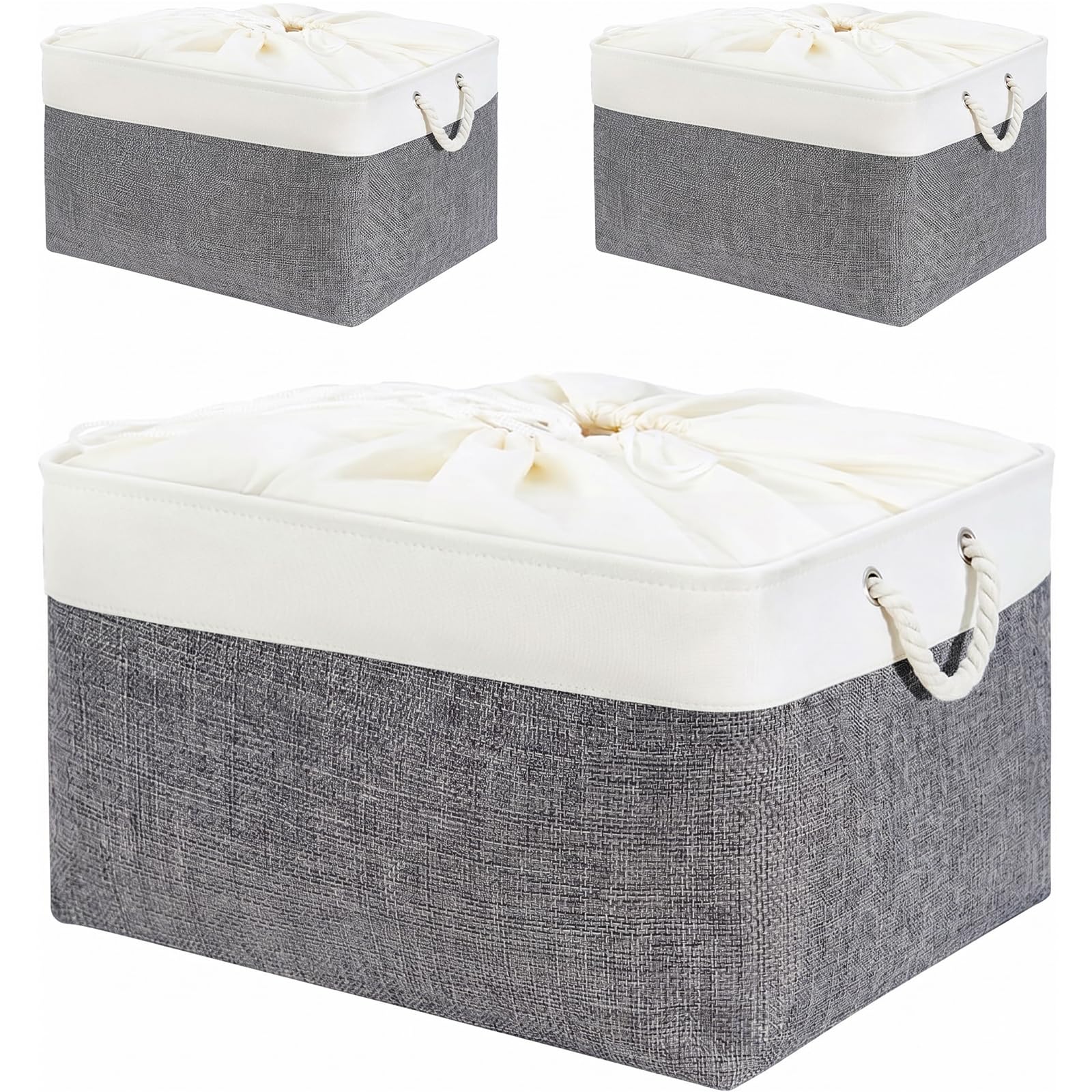 Mangata Set of 3 Soft Fabric Storage Baskets with Rope Handles, 45x35x24 cm, Rectangular Shelf & Wardrobe Organiser Boxes, Linen Storage Bins for Bathroom, Bedroom, Nursery, Dark Grey & White(XLarge) โ image 1