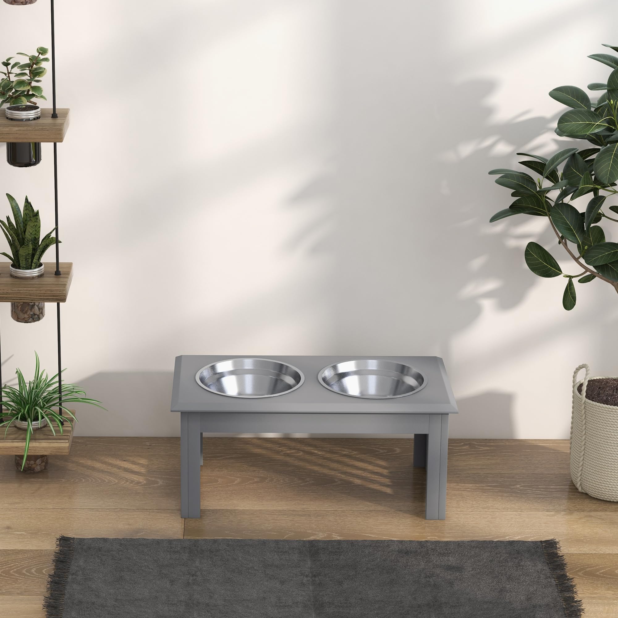 PawHut Cuencos elevados de acero inoxidable para perros con soporte para perros extra pequeños y pequeños, cuencos elevados para mascotas, alimentador de agua y alimentos, 58 x 31 x 25 cm, color gris