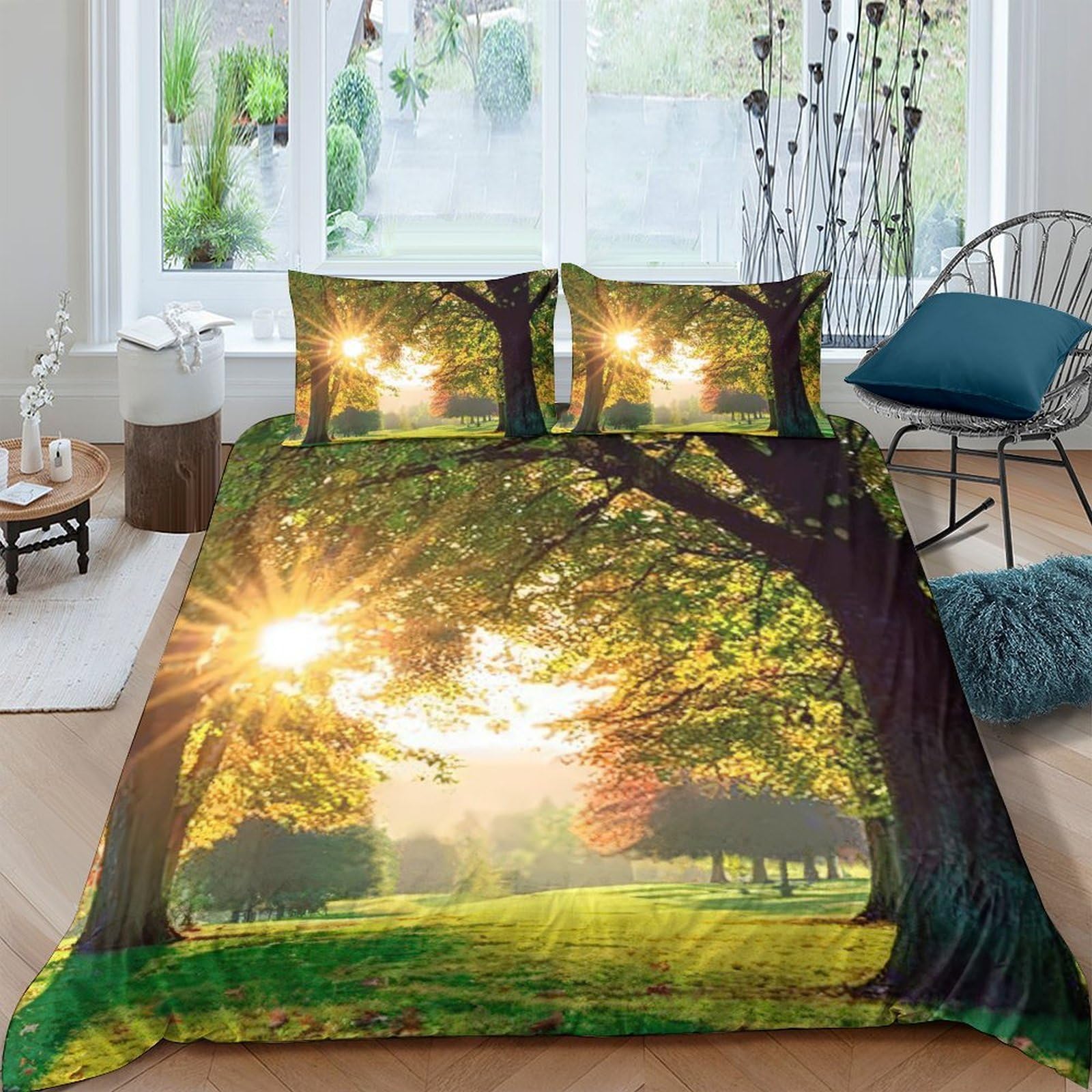 Ctjqhvkz Style-9 3D Printed Sunrise Forest Fitted Sheet Microfiber Soft Green Tree Bed Cover For Bedroom Guest Room Dorm Mattress Protection Single（135X200cm）